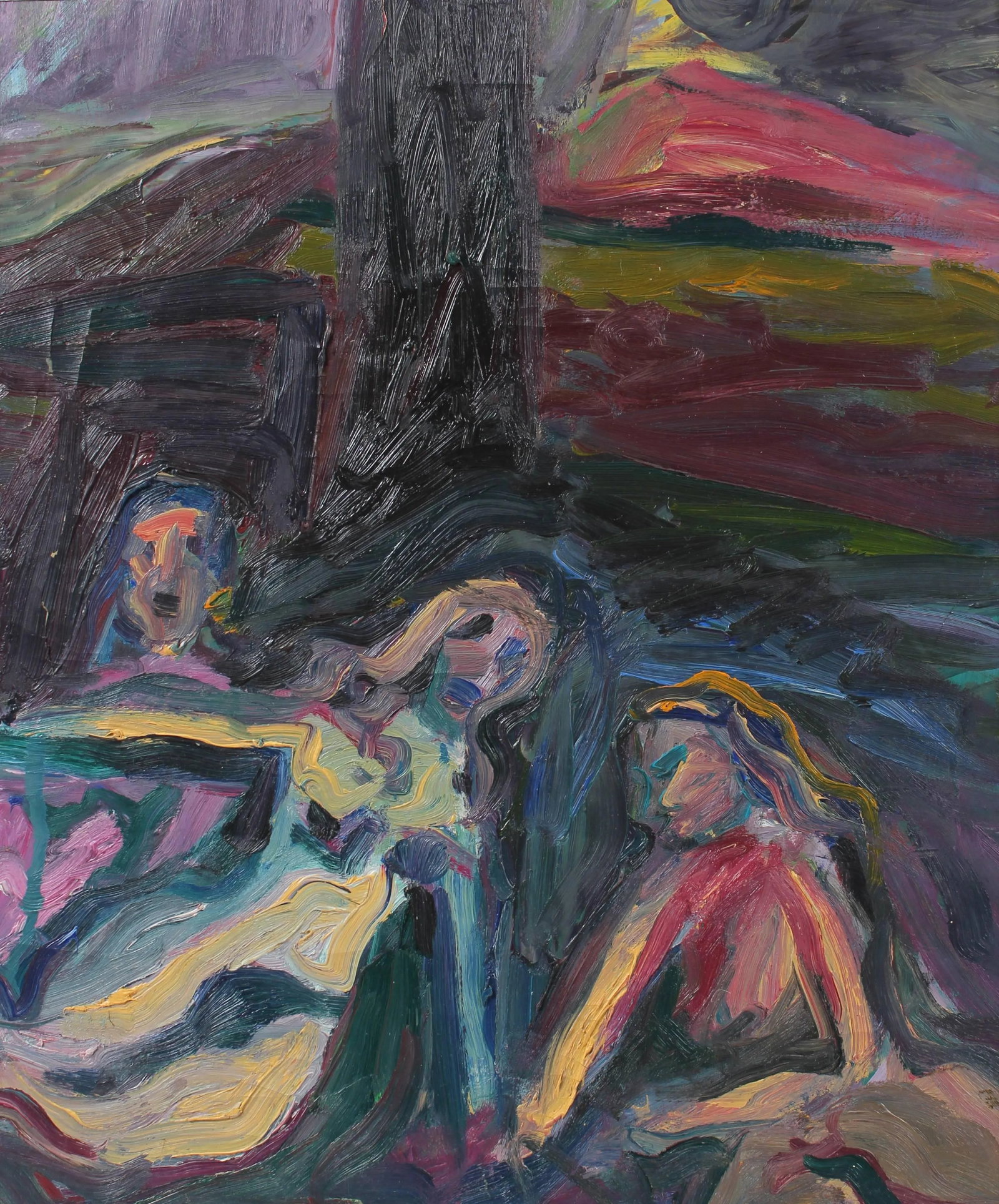 Jane Rades Figurative Scene Oil Painting on Paper, 20th Century: This mid to late 20th century oil on paper scene with figures in a landscape is by Jane Rades (b. 1942) is a San Francisco Bay Area painter and poet. Rades studied at the University of Wisconsin-
