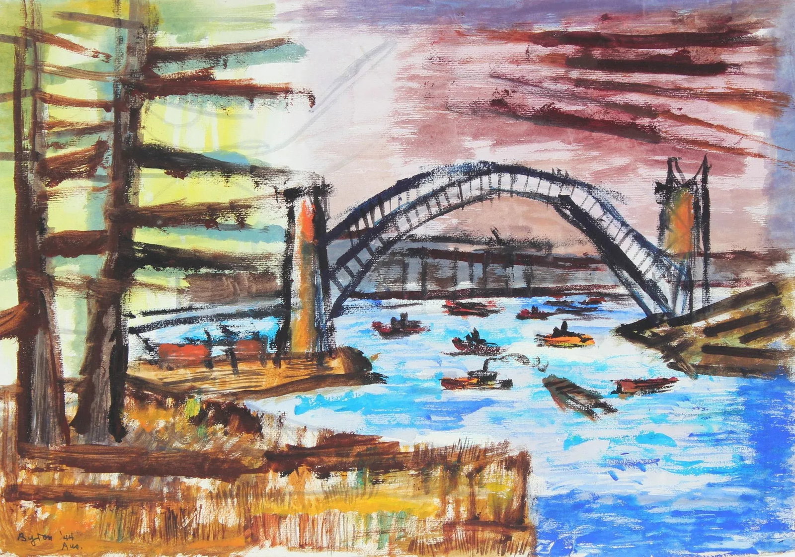 Byron Randall "Bridge- Sydney Harbor" Australian Seascape in Gouache, 1944 1944 - 3