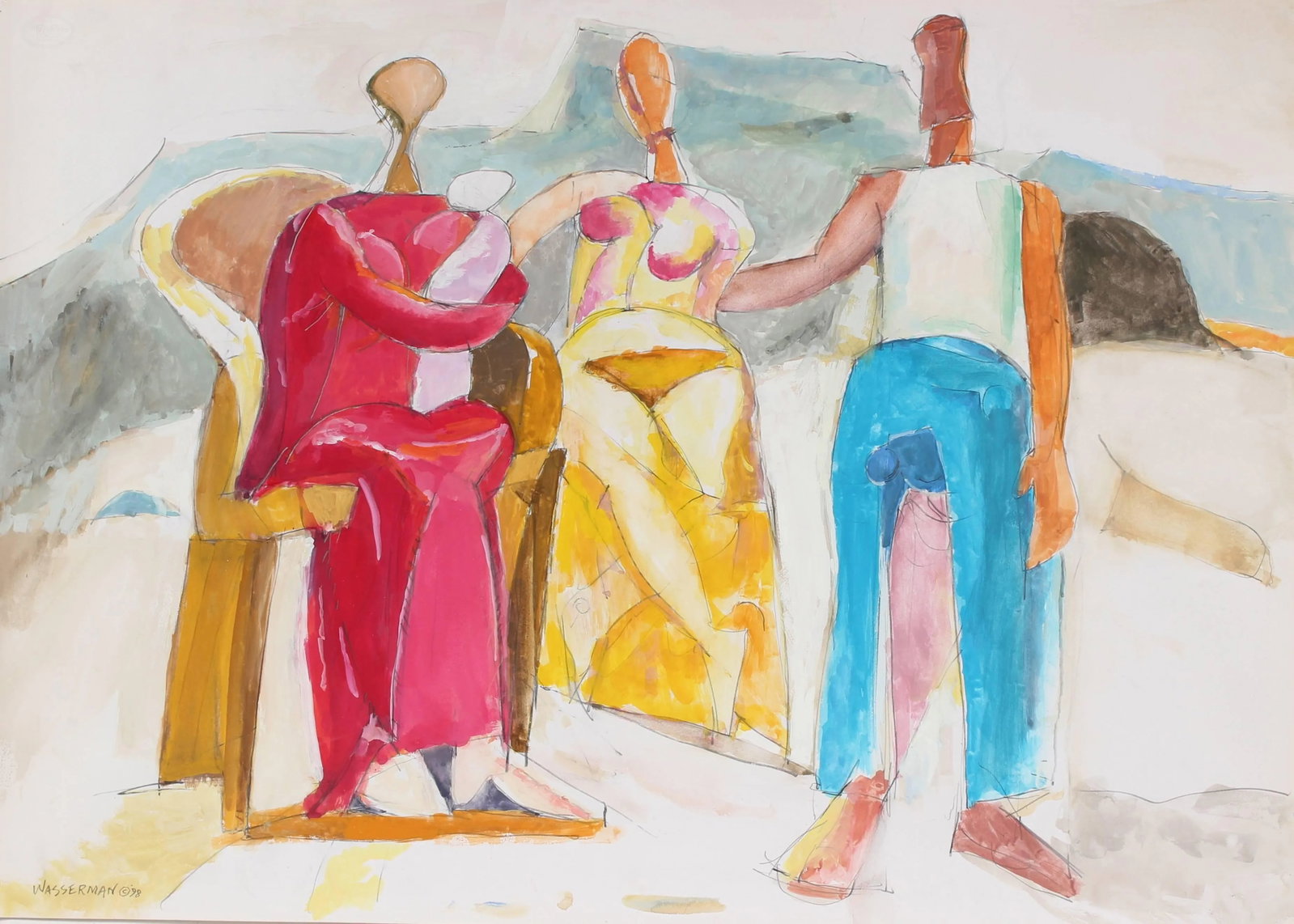 Gerald Wasserman Abstracted Figures in Landscape Gouache Painting, 20th Century (1 of 3)