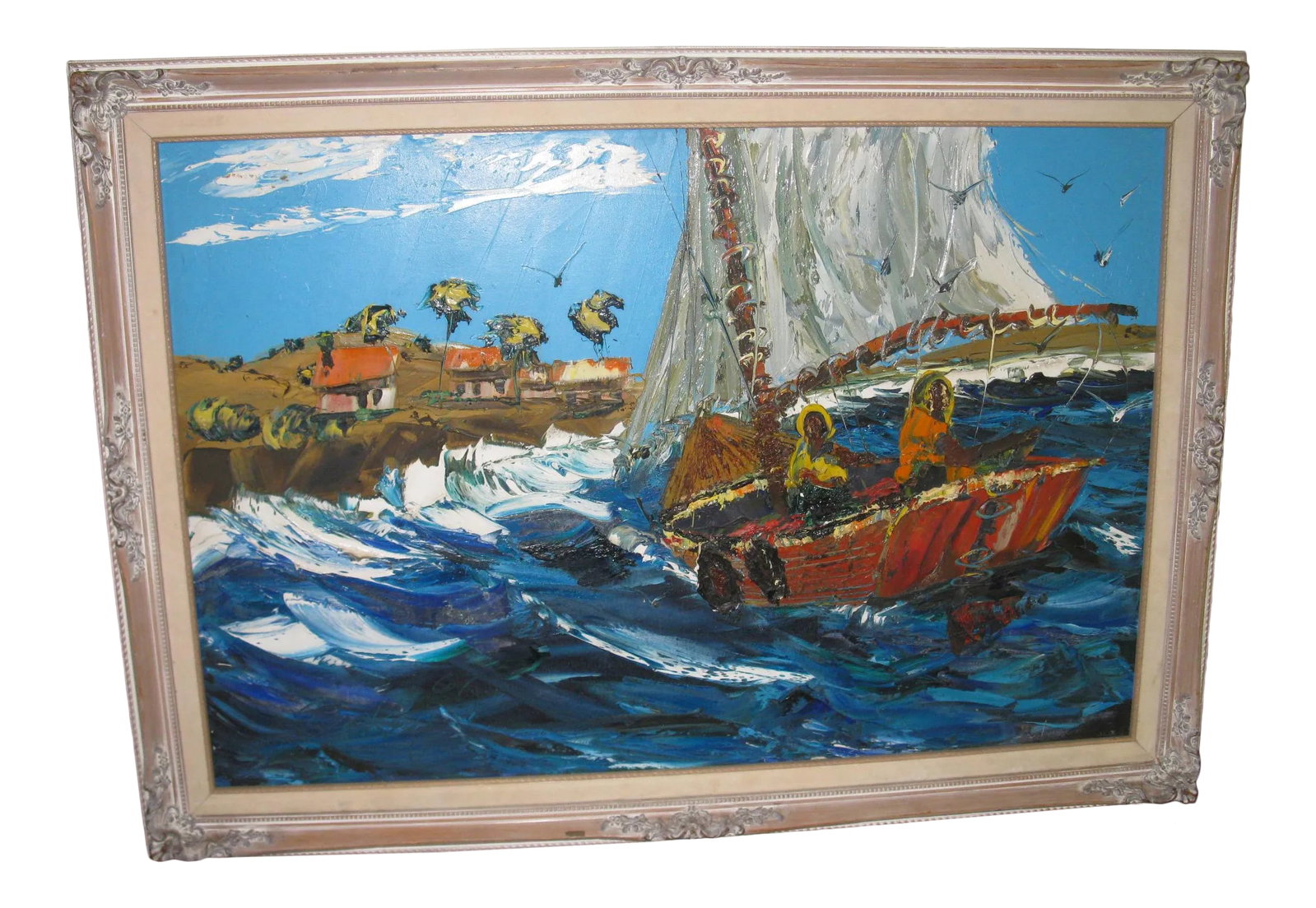 1960s Vintage Bill Dickey Seascape Marine Oil Painting: Artist Bill Dickey signed this oil on canvas painting in 1961. This is a beautiful representation of a seascape in Malibu, acquired at an estate sale in Malibu. This painting of a coastal seascape is 