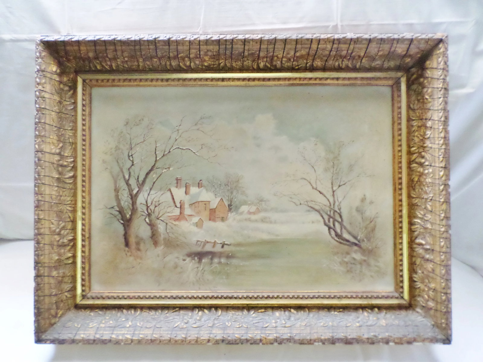 Mid 19th Century Antique Winter Snow Scene Country House Oil Painting - 11