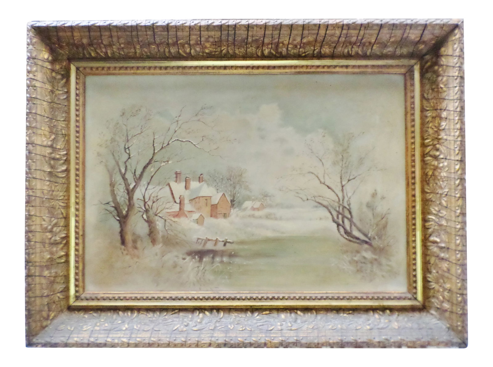 Mid 19th Century Antique Winter Snow Scene Country House Oil Painting: This is a Antique 1800s Unsigned Oil Painting on Canvas of a Beautiful Winter Snow Scene with an Large Old Country House sitting in a Field of Snow near a Frozen Lake of Ice in it's Original Antique G