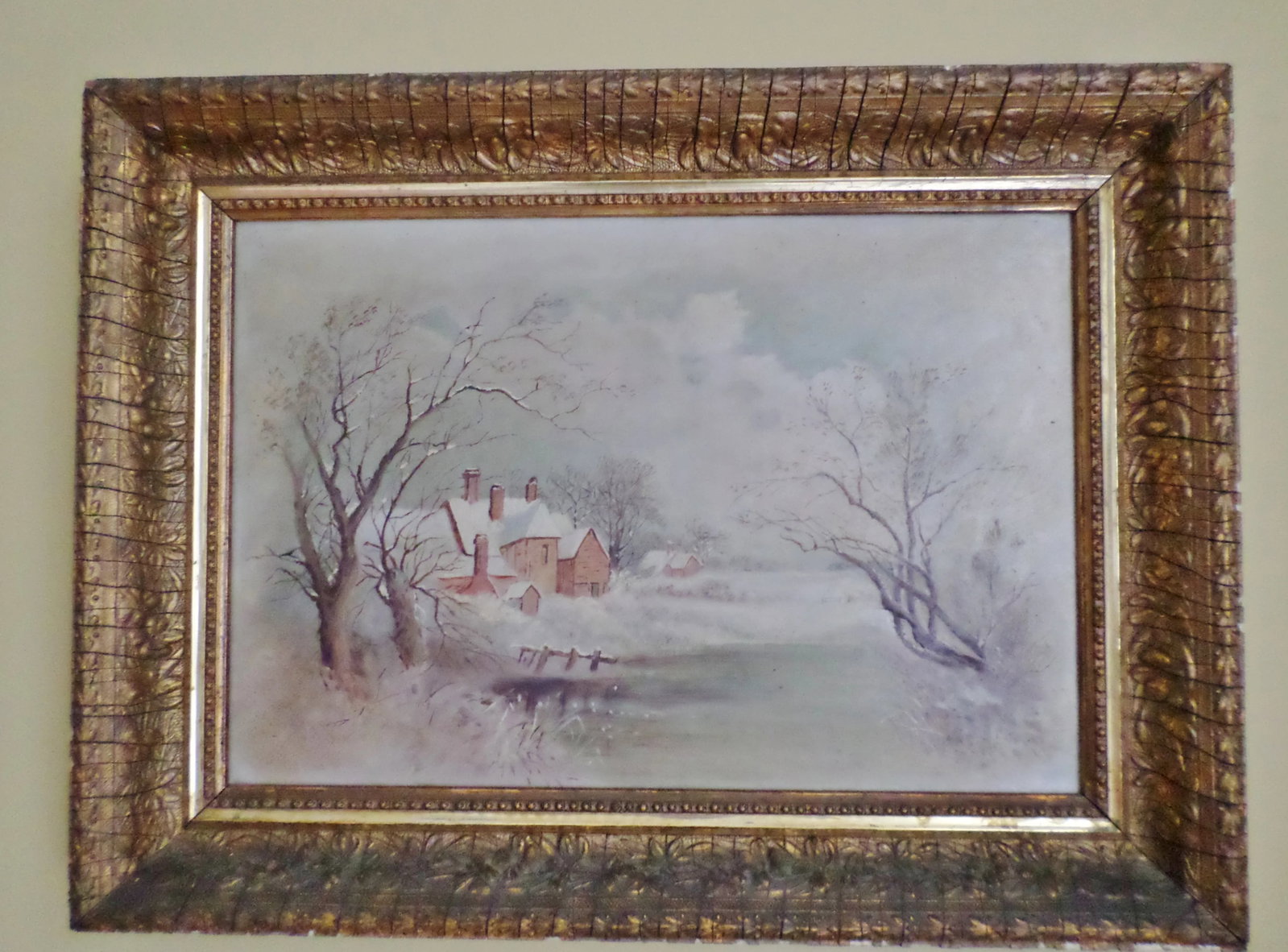 Mid 19th Century Antique Winter Snow Scene Country House Oil Painting - 2