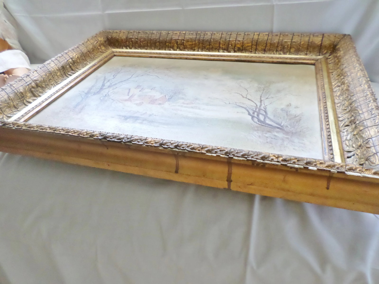 Mid 19th Century Antique Winter Snow Scene Country House Oil Painting - 5