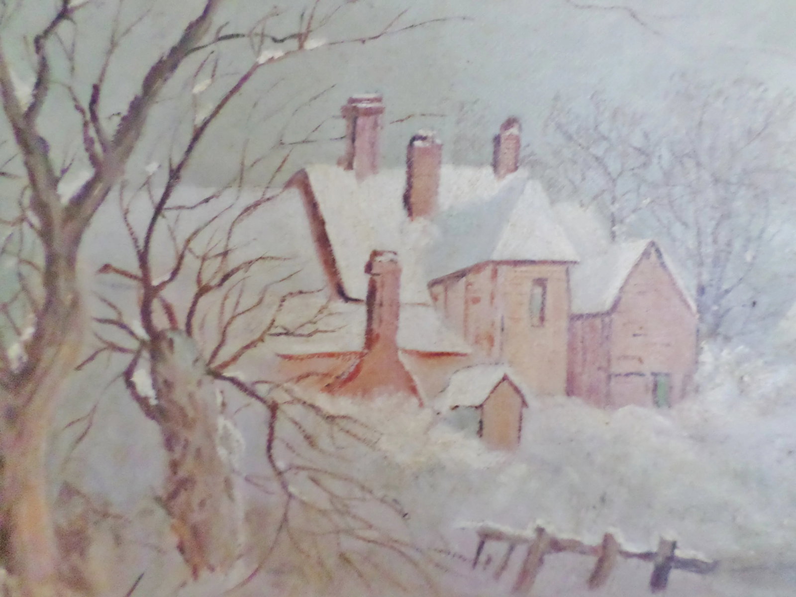 Mid 19th Century Antique Winter Snow Scene Country House Oil Painting - 6