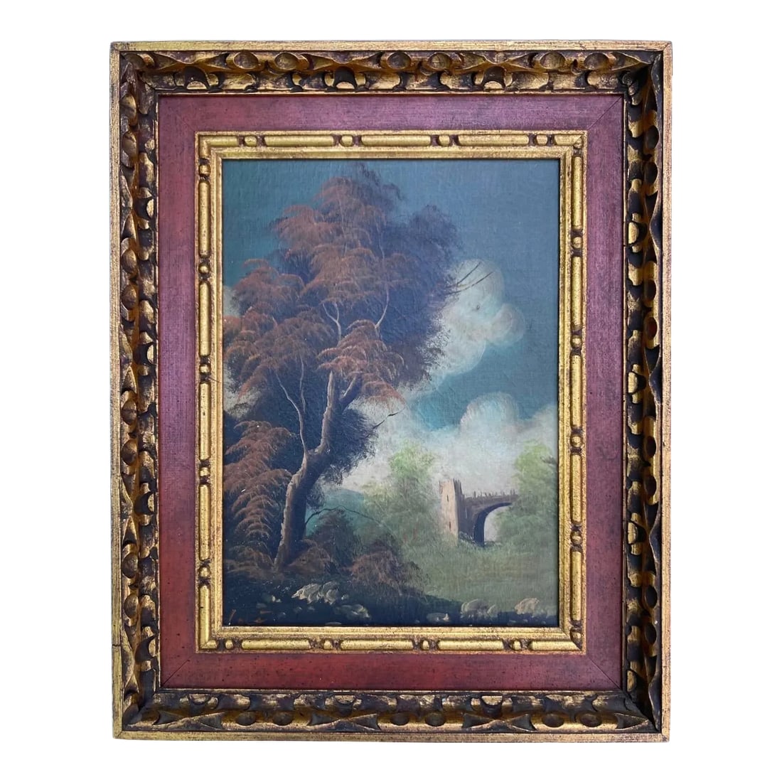 Mid 20th Century Vintage Oil Painting, Bridge Landscape: Bridge Landscape Artist: Unsigned Medium: Oil on Canvas ; Wood Frame Era/Year: Mid 20th Century Origin: Italy Size: 20 x 16 ; 16 x 14 Condition: Very Good less Condition: Alterations: Original