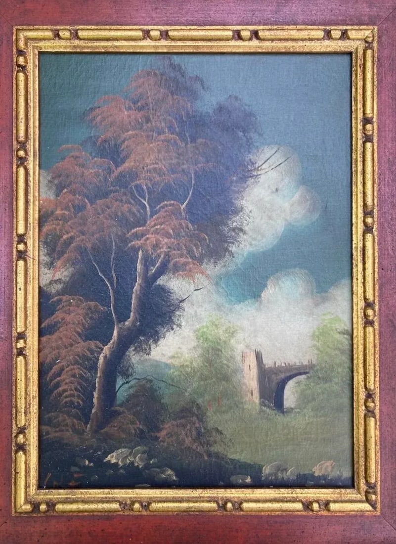 Mid 20th Century Vintage Oil Painting, Bridge Landscape - 5