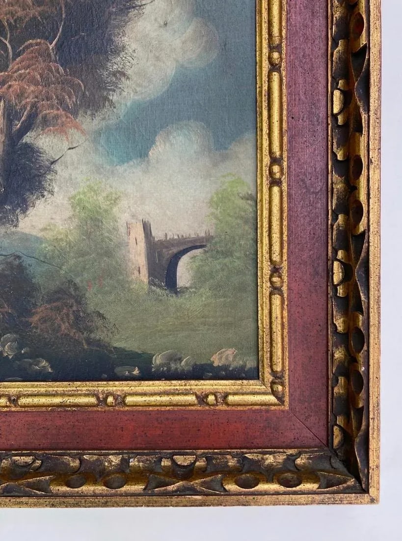 Mid 20th Century Vintage Oil Painting, Bridge Landscape - 6