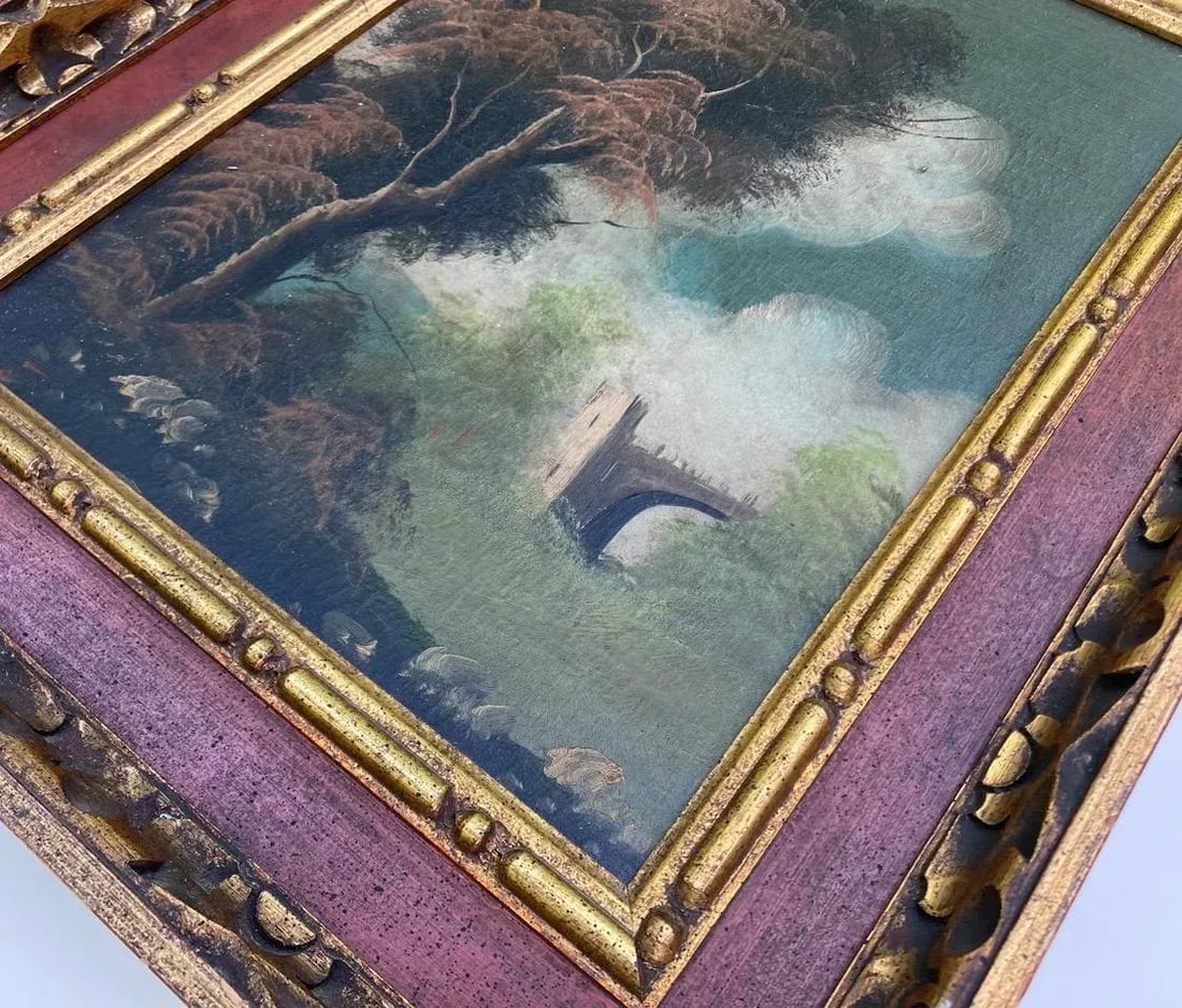 Mid 20th Century Vintage Oil Painting, Bridge Landscape - 7