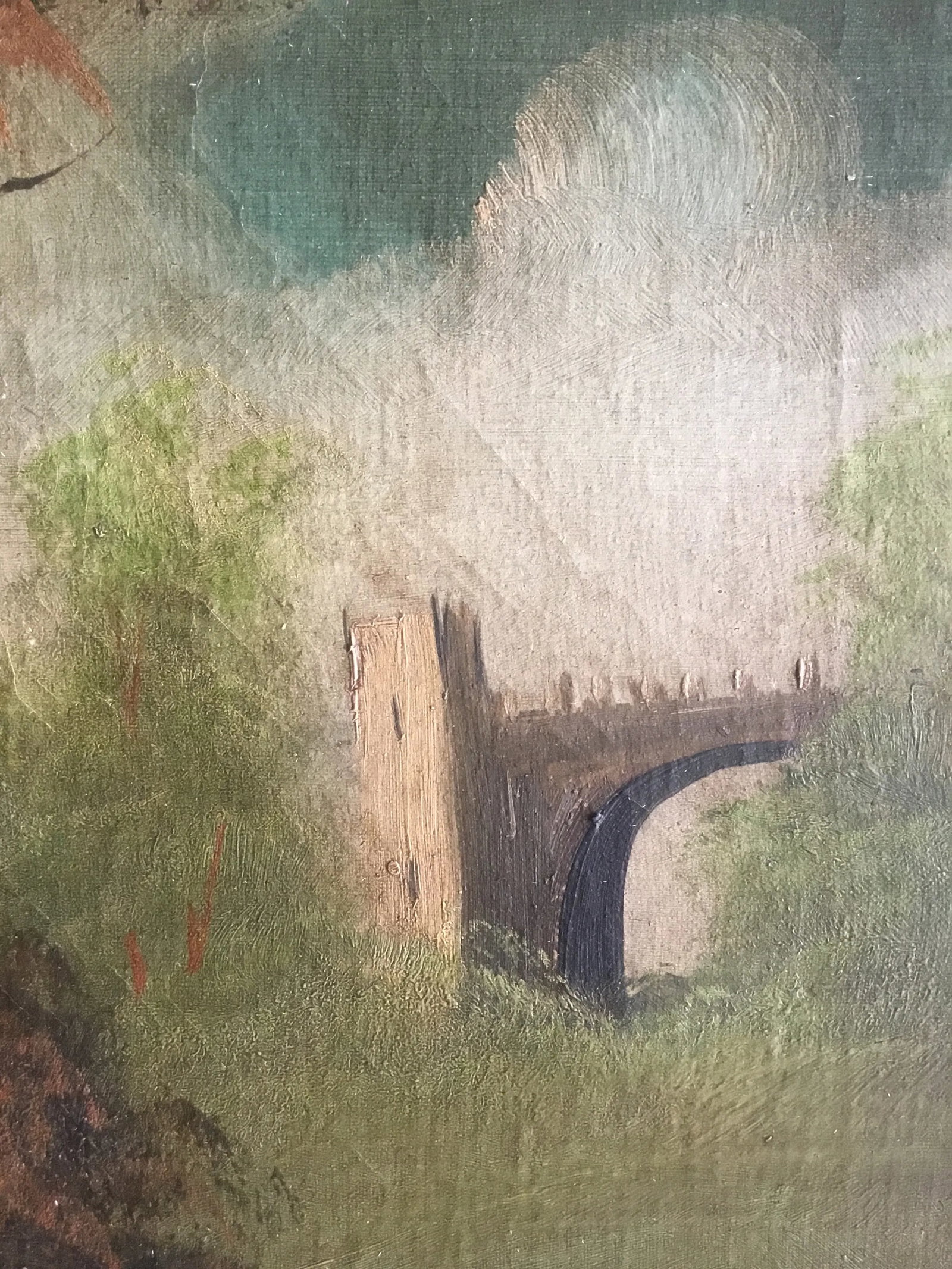 Mid 20th Century Vintage Oil Painting, Bridge Landscape - 9