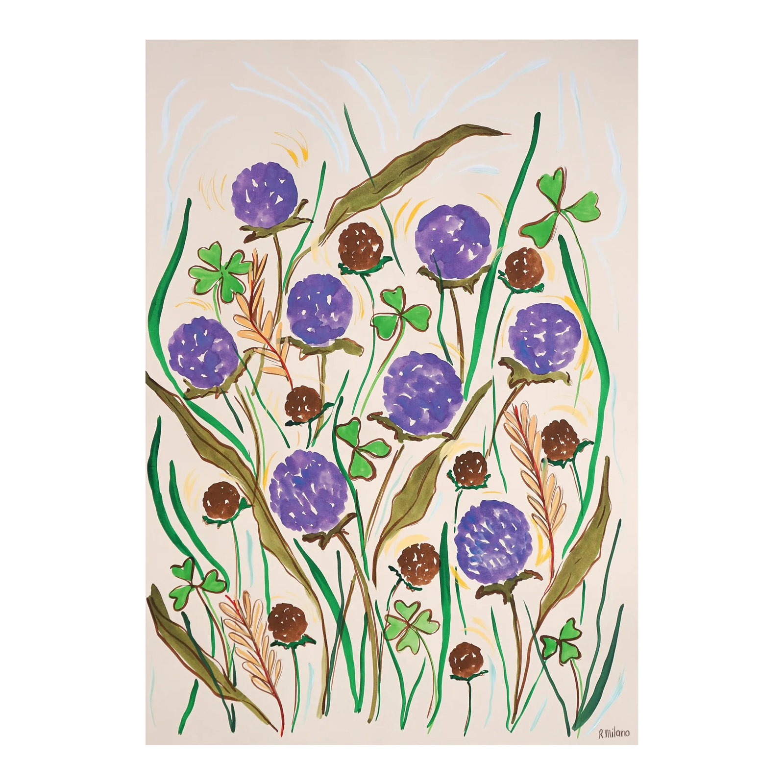 2024, Illustration Style Painting,: "Lucky Dandelion" is an abstract expressionist painting by Romina Milano where a landscape of black gestures unfolds across colorful brushstrokes infused with raw emotion. Romina Milano is an Italian