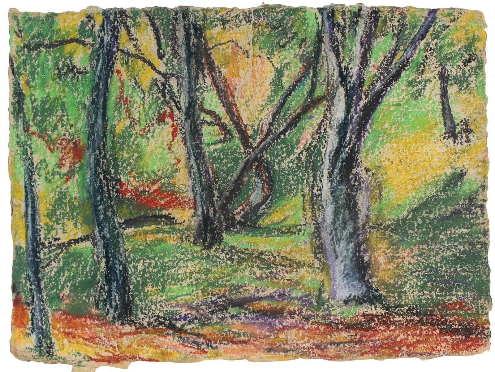 Jack Freeman Forest Landscape Drawing in Pastel on Handmade Paper, Late 20th Century: This late 20th century pastel on handmade paper landscape with trees is by San Francisco painter Jack Freeman (1938-2014). Freeman studied at the High Museum of Art in Atlanta, landscape and figure dr