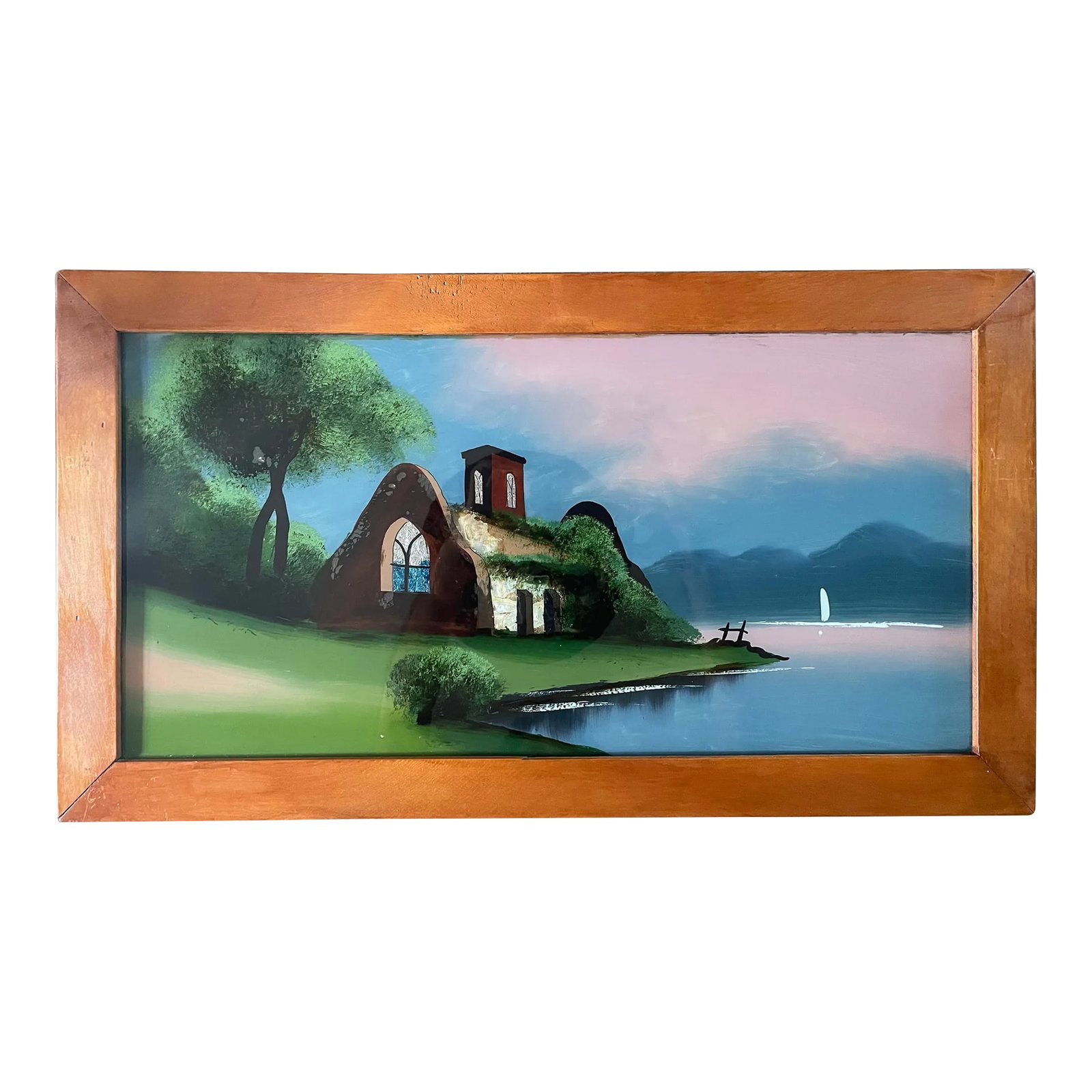 Mid 20th Century Vintage Reverse Painting on Glass of Idyllic Cottage, Framed: This work was created by a painstaking process of painting the image in reverse on the inside of the glass, requiring a great deal of precision and resulting in a painting with great depth. Combined