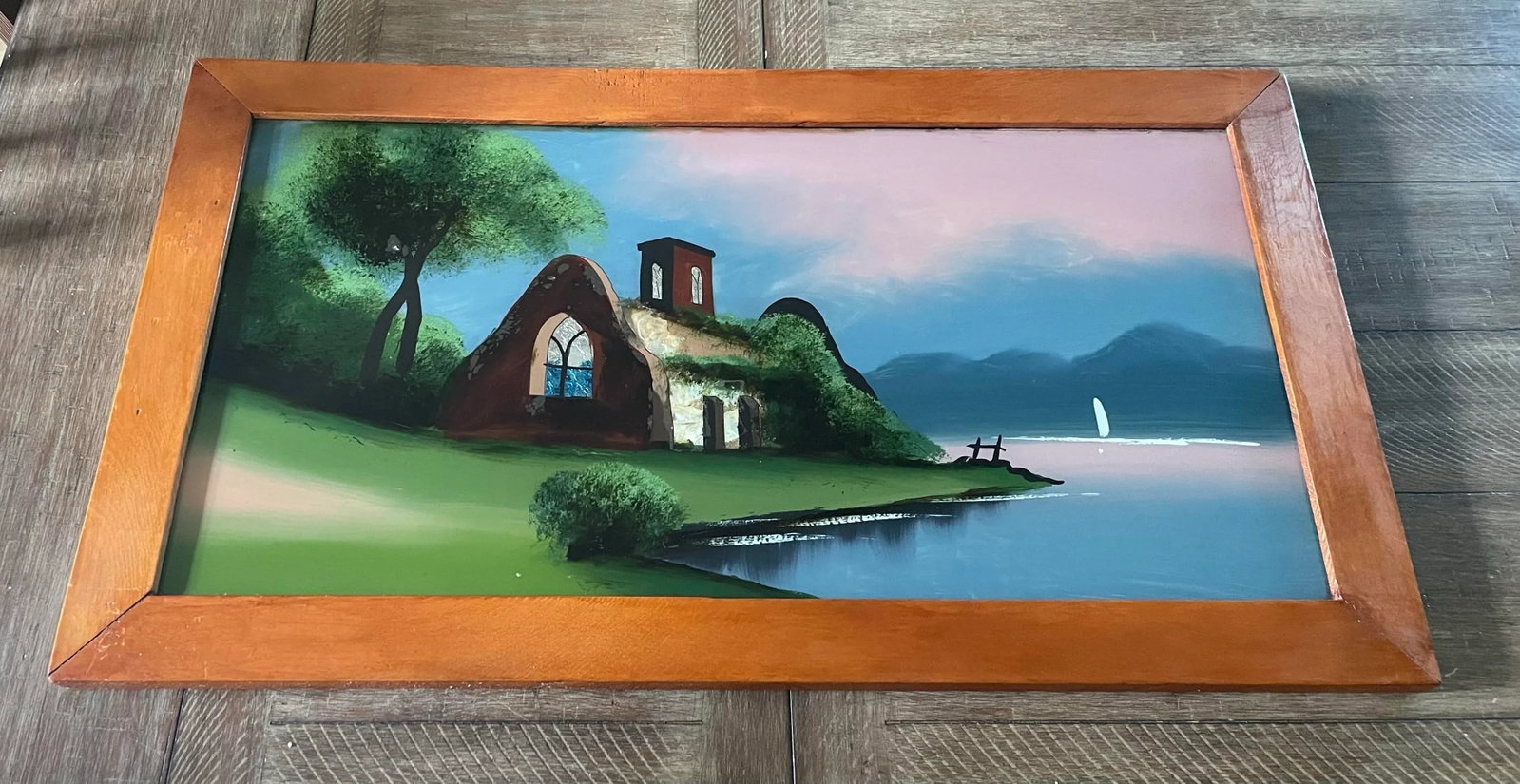 Mid 20th Century Vintage Reverse Painting on Glass of Idyllic Cottage, Framed - 2