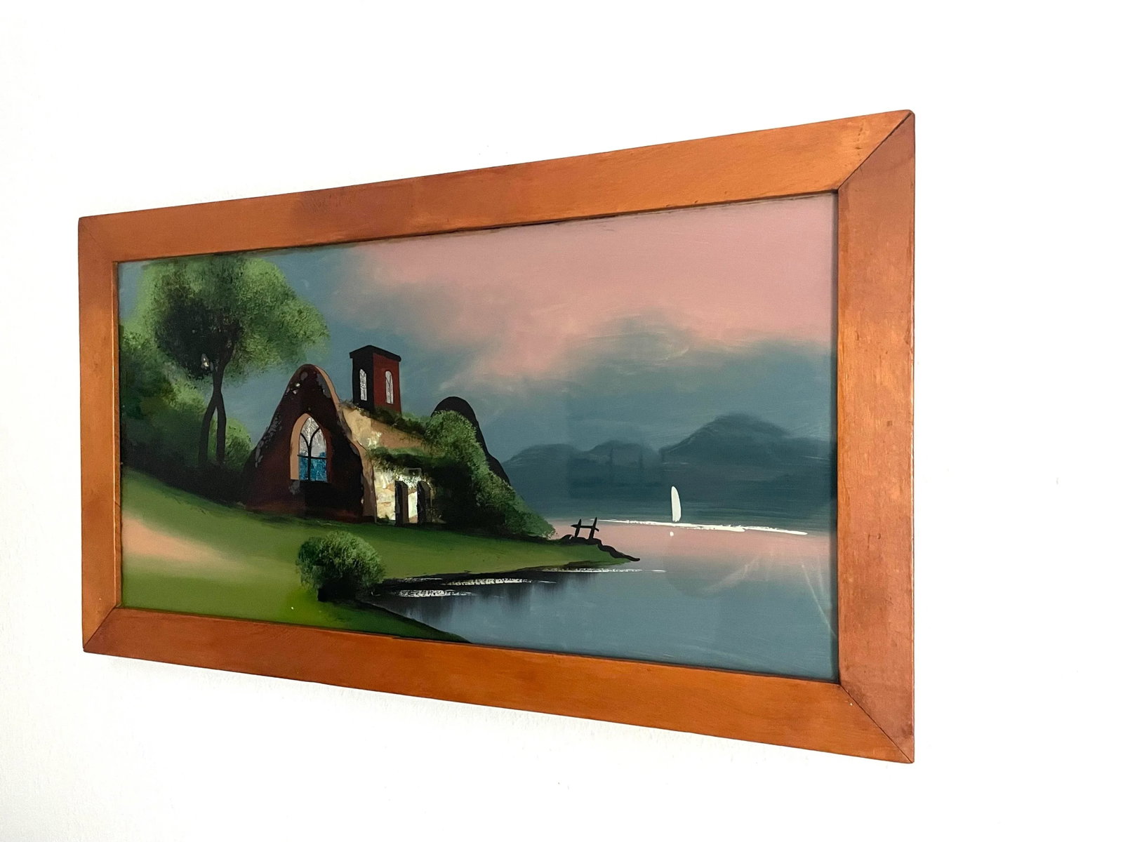 Mid 20th Century Vintage Reverse Painting on Glass of Idyllic Cottage, Framed - 3