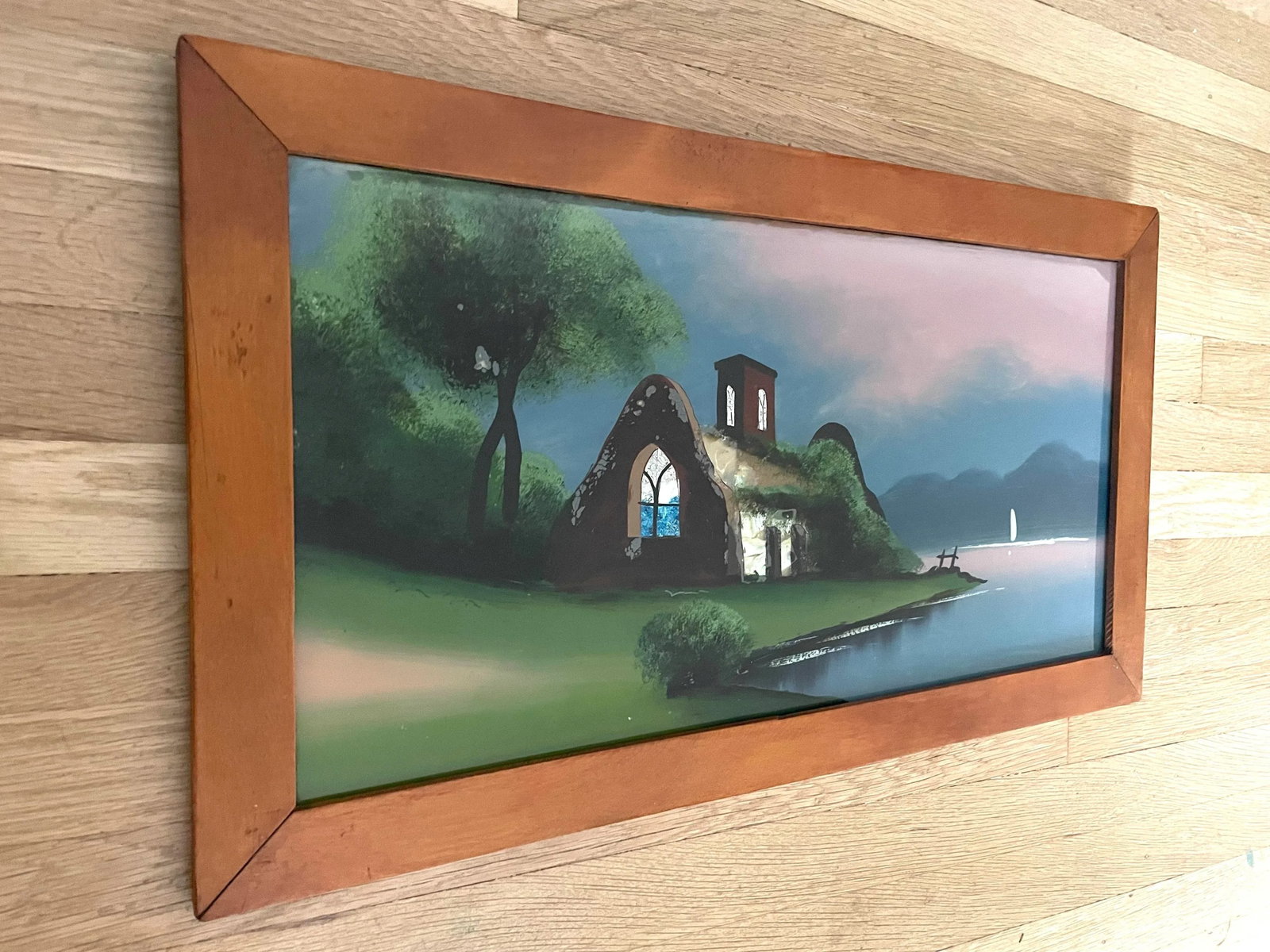 Mid 20th Century Vintage Reverse Painting on Glass of Idyllic Cottage, Framed - 4