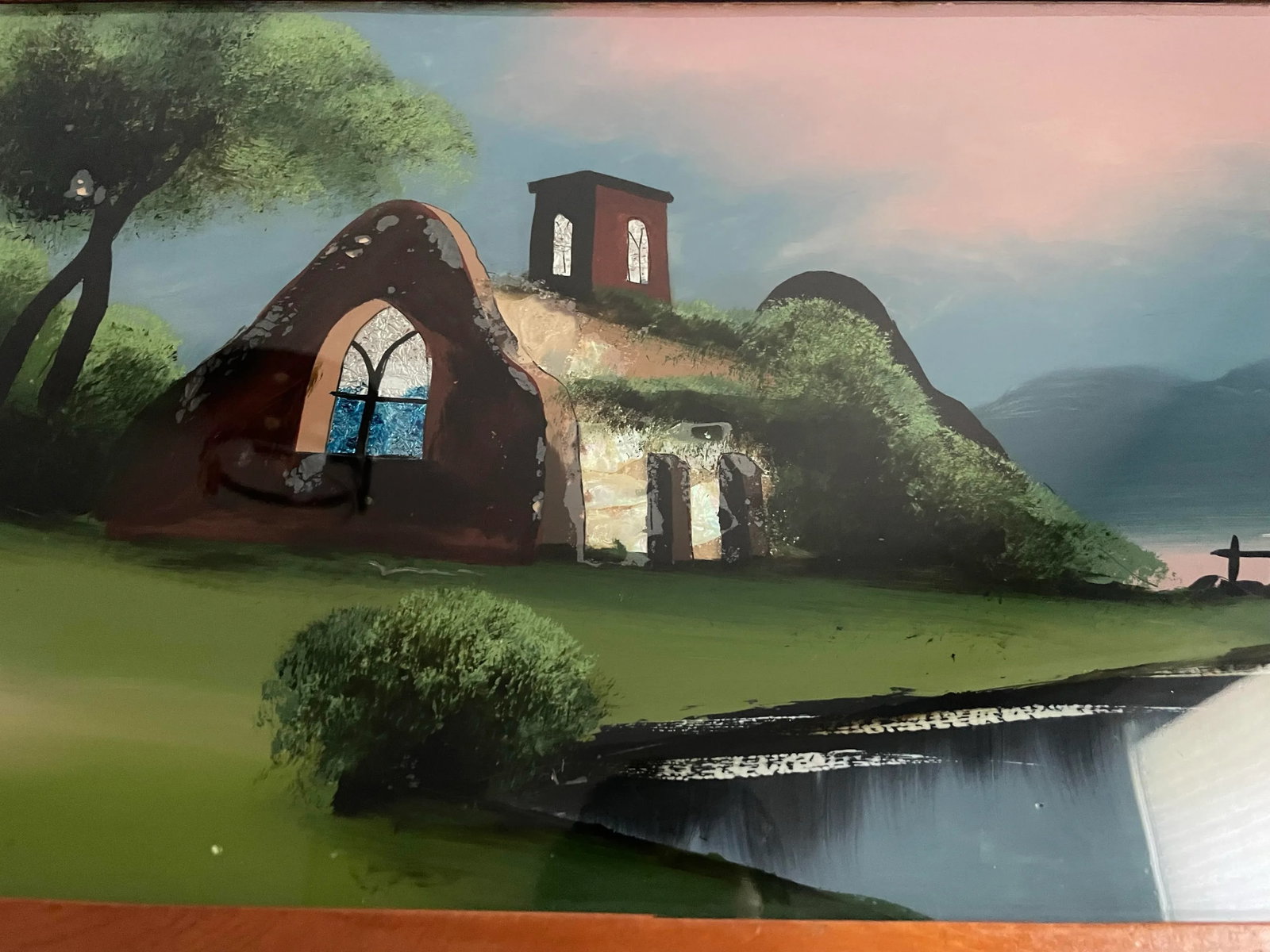 Mid 20th Century Vintage Reverse Painting on Glass of Idyllic Cottage, Framed - 5