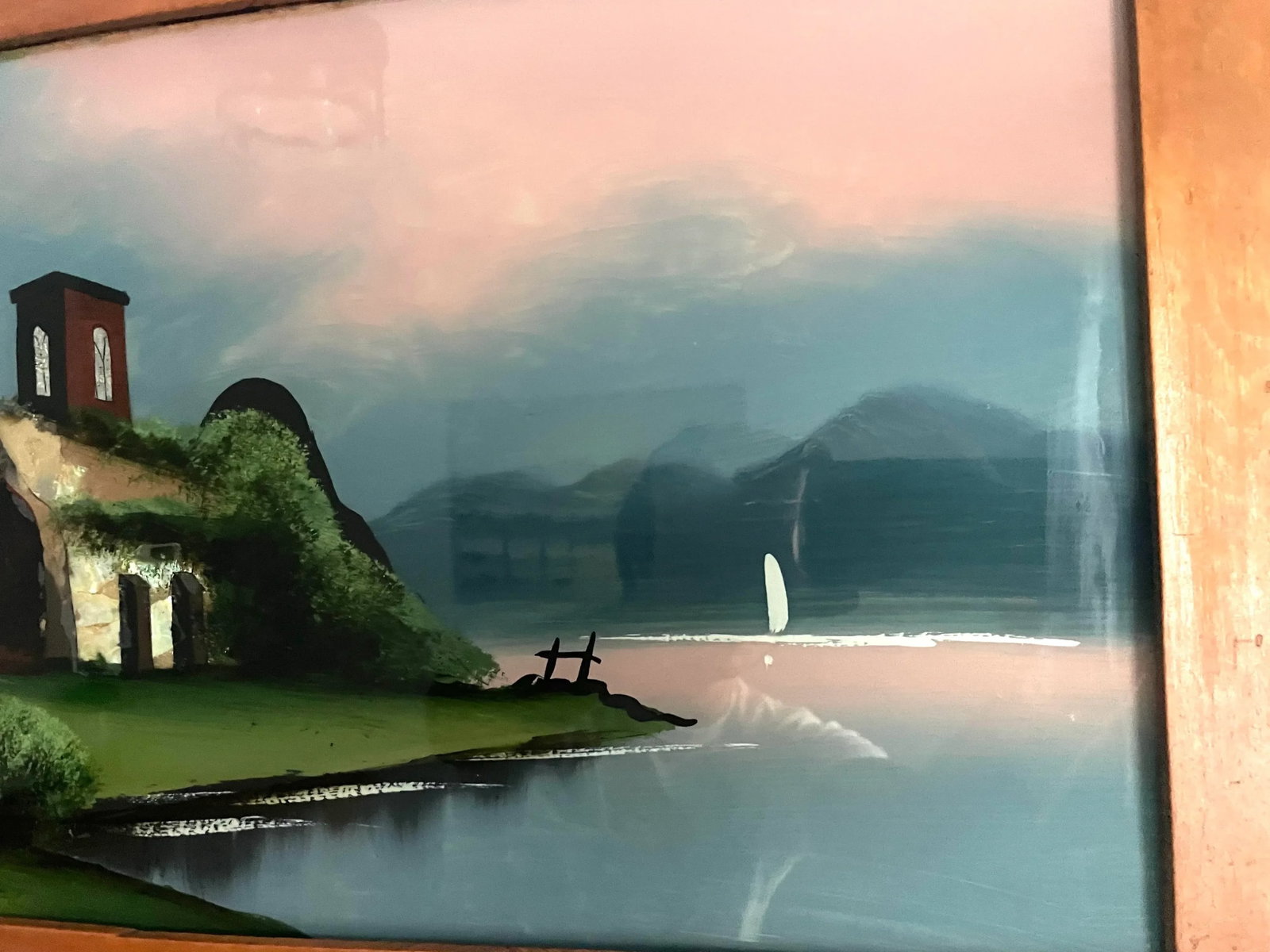 Mid 20th Century Vintage Reverse Painting on Glass of Idyllic Cottage, Framed - 8