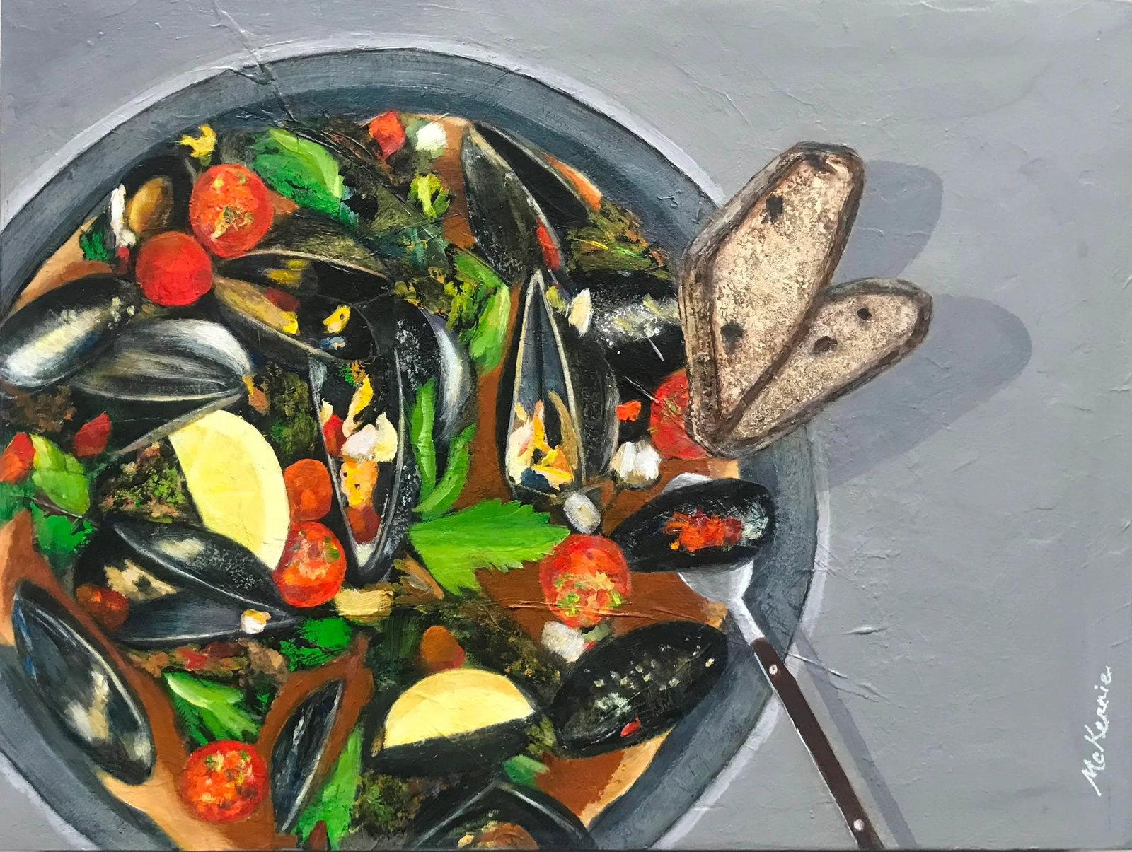 "Mixed Blessing" Contemporary Impressionist Food Still Life in Green, Red, Gray by Mill Valley Artis: Title: "Mixed Blessing" My husband's gourmet cooking inspired this painting of a colorful dish of mussels in broth with garlic crostini with their varied textures. Original (New) - Acrylic on boxed