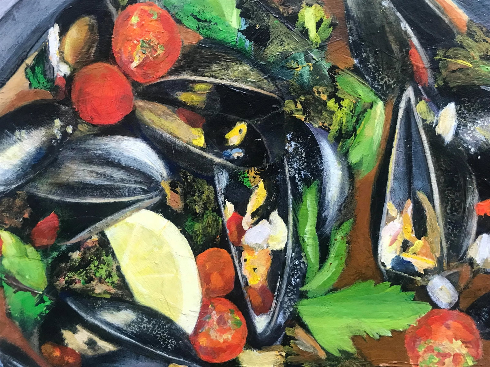 "Mixed Blessing" Contemporary Impressionist Food Still Life in Green, Red, Gray by Mill Valley Artis - 3