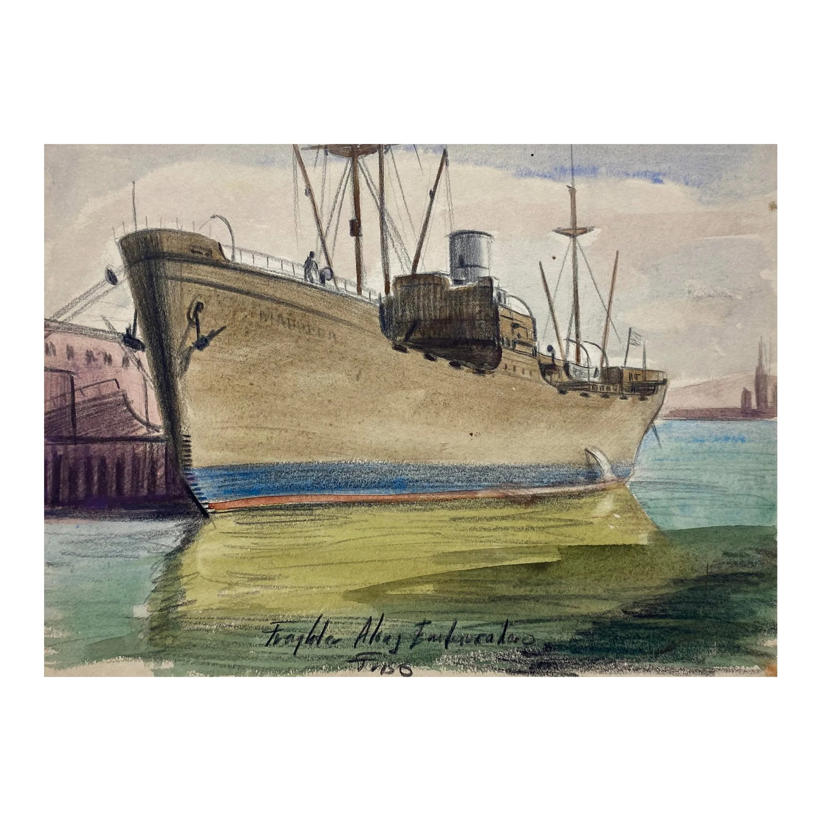 1940s San Francisco Embarcadero Painting: This is from a group of unsigned paintings of San Francisco, Northern California and Oregon. "Freighter Along Embarcadero - Frisco" is watercolor on paper. Condition: Alterations: Original Condition U