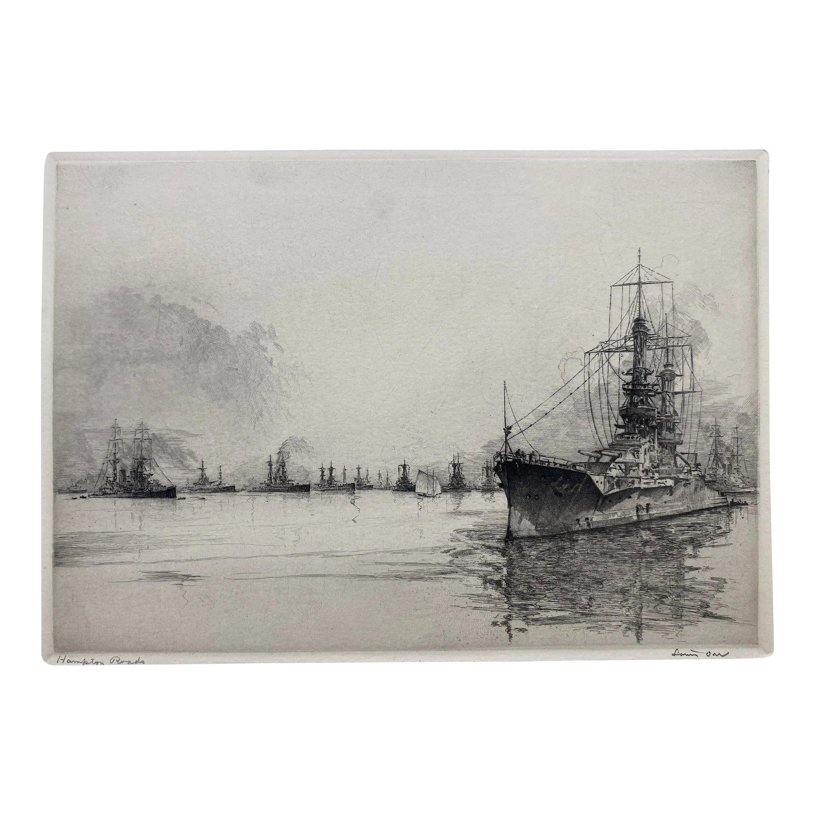 1928 Louis Orr Hampton Roads Virginia Etching, Port of America Series: Louis Orr (1879-1966) "Hampton Roads" etching on paper from the Ports of America series. Pencil signed and numbered. Sheet: 19 x 14 inches Image: 8 x 11.5 inches Condition: Alterations: Original