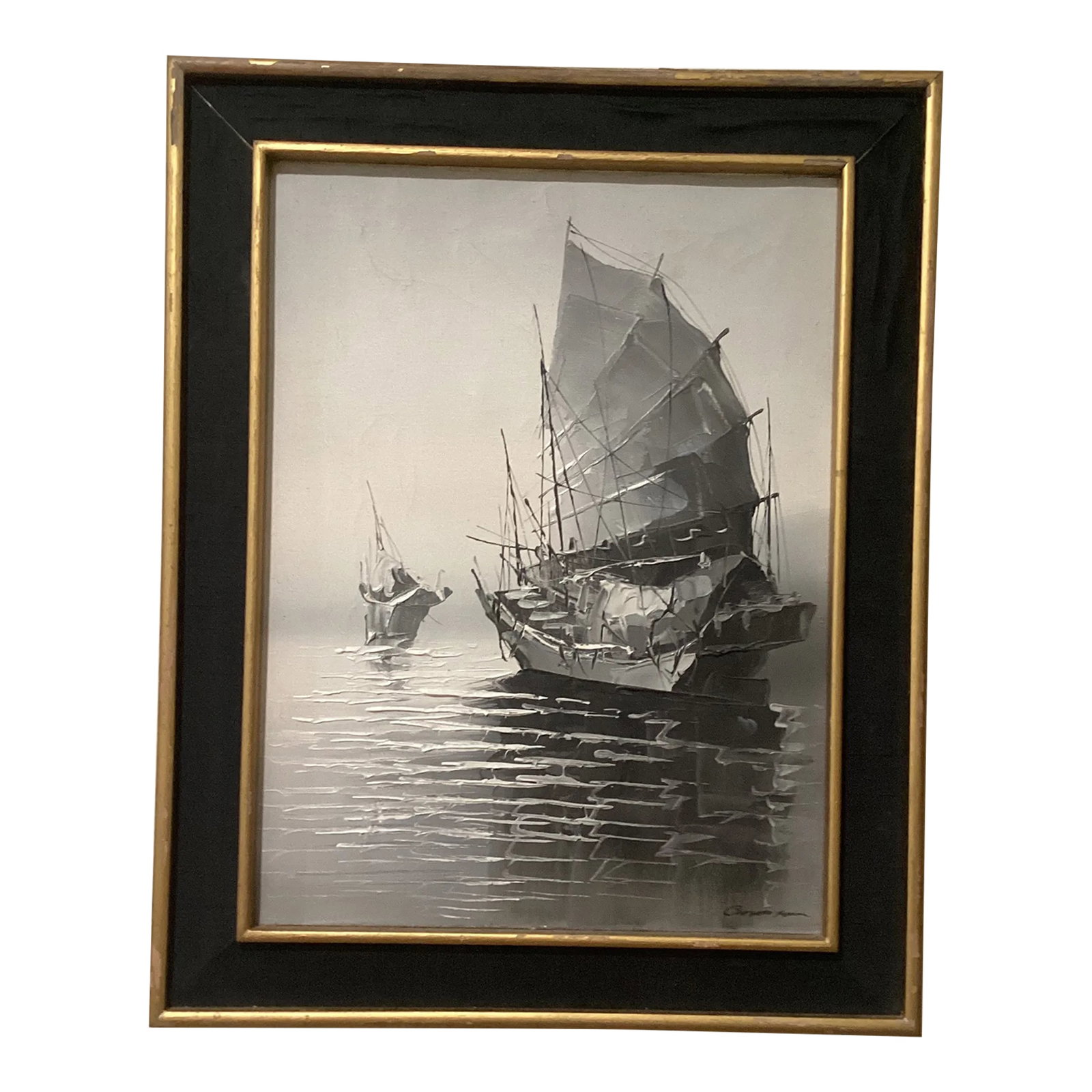 Early 20th Century Original Painting on Canvas Realistic Junk Boat Artist Signed, Framed: Early 20th Century Original Painting on Canvas Realistic Junk Boat Artist Signed Beautiful oil painting on canvas. Framed and matted. Black and white scene depicts Chinese boats on water. Condition: