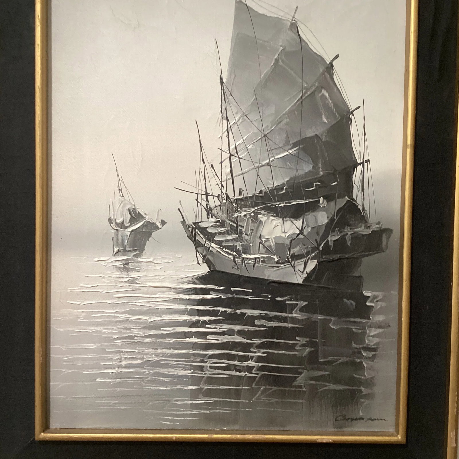 Early 20th Century Original Painting on Canvas Realistic Junk Boat Artist Signed, Framed - 2
