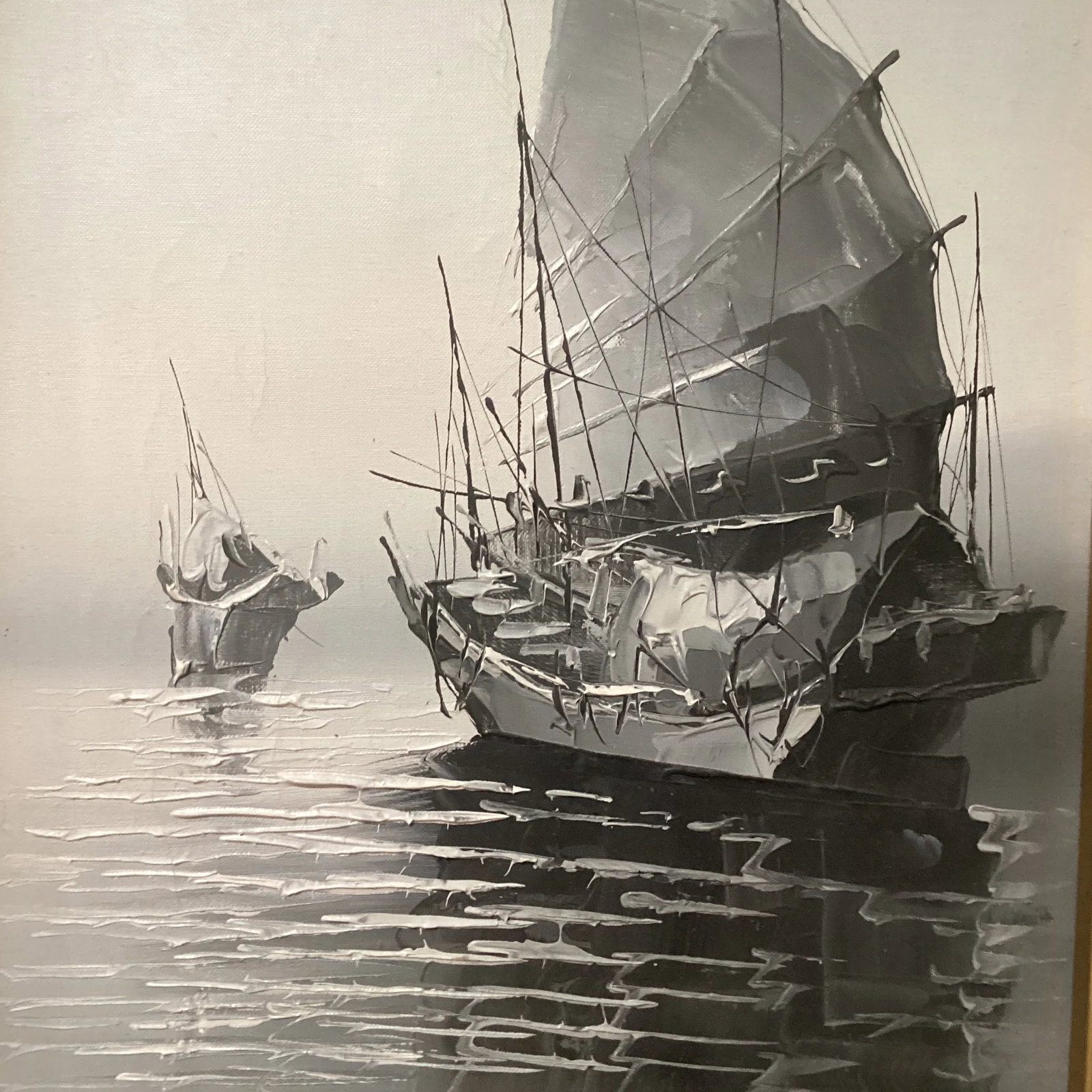 Early 20th Century Original Painting on Canvas Realistic Junk Boat Artist Signed, Framed - 3