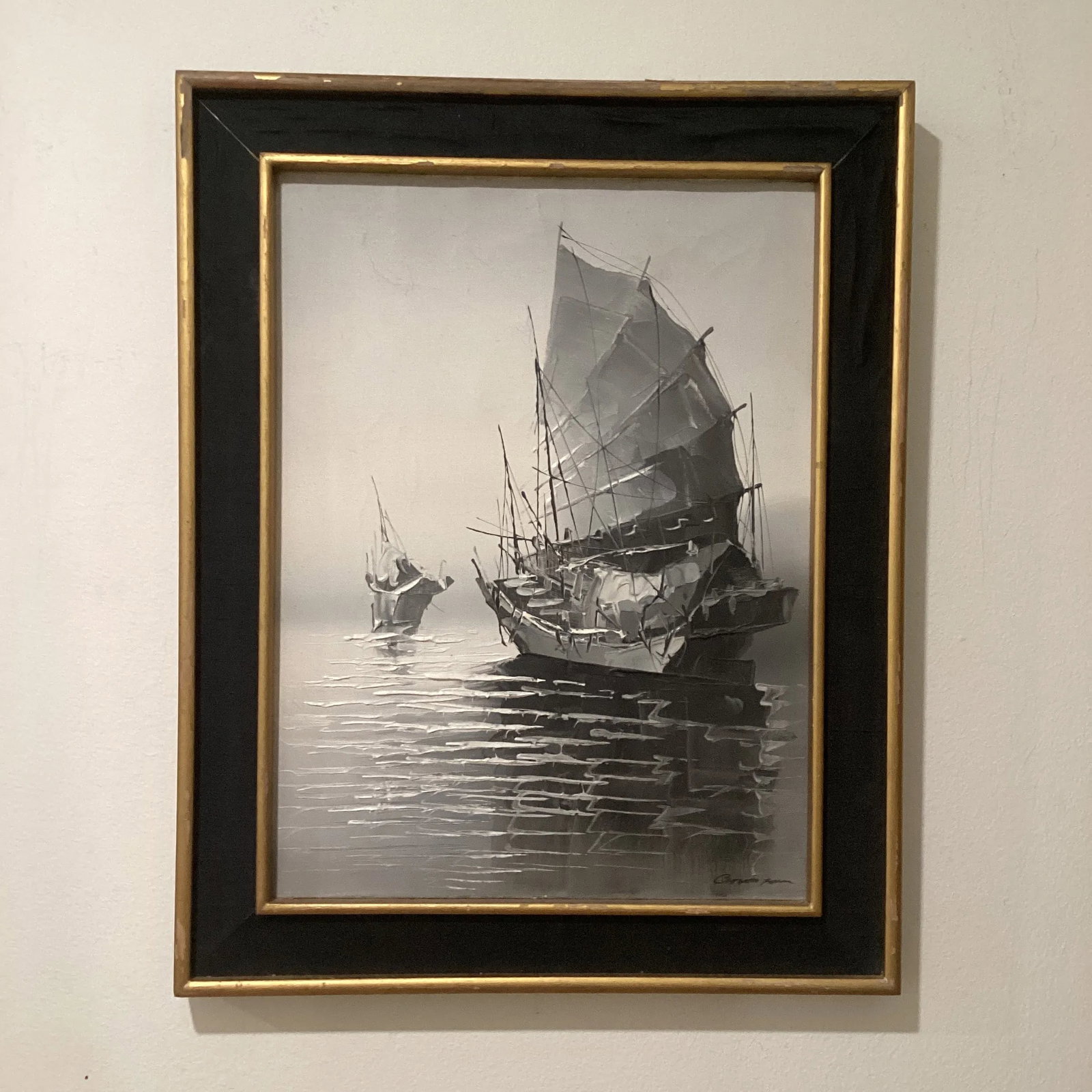 Early 20th Century Original Painting on Canvas Realistic Junk Boat Artist Signed, Framed - 7