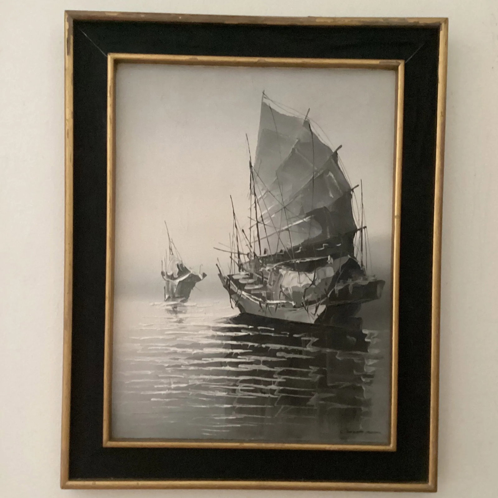 Early 20th Century Original Painting on Canvas Realistic Junk Boat Artist Signed, Framed - 8