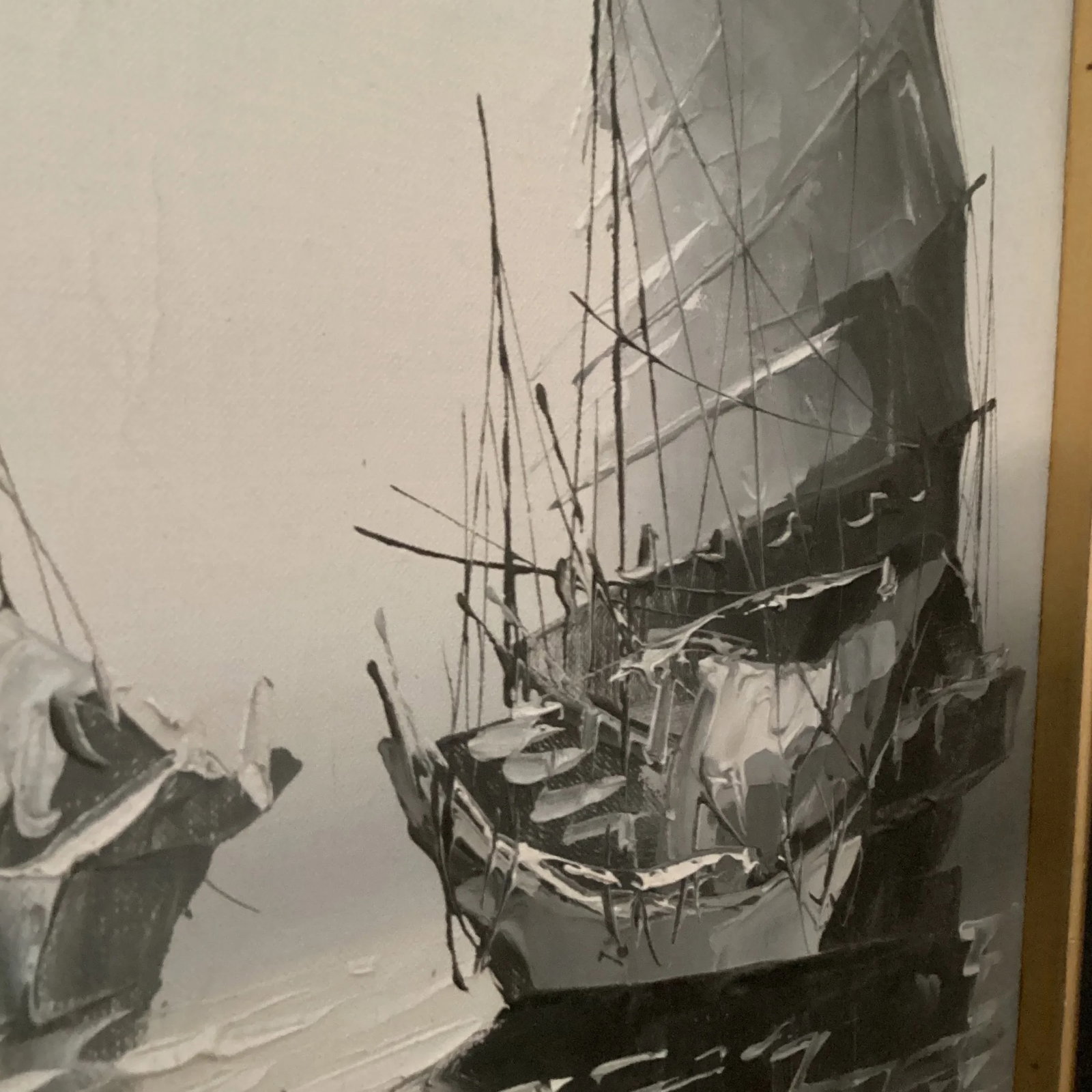 Early 20th Century Original Painting on Canvas Realistic Junk Boat Artist Signed, Framed - 9