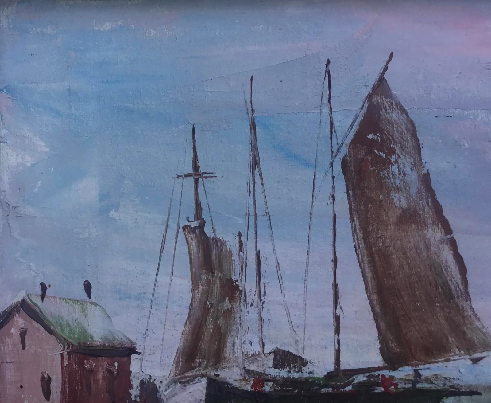 Vintage Painting, Harbor Sailboats, Oil on Canvas, Mid 20th Century, Framed - 2