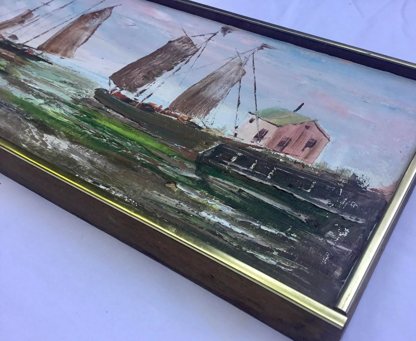 Vintage Painting, Harbor Sailboats, Oil on Canvas, Mid 20th Century, Framed - 5