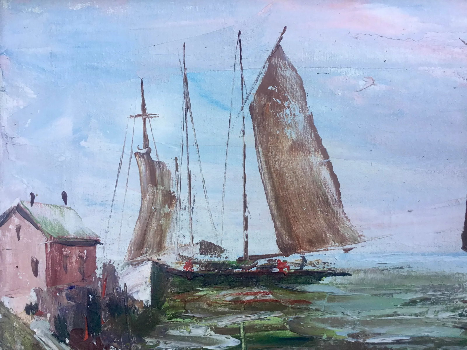 Vintage Painting, Harbor Sailboats, Oil on Canvas, Mid 20th Century, Framed - 6