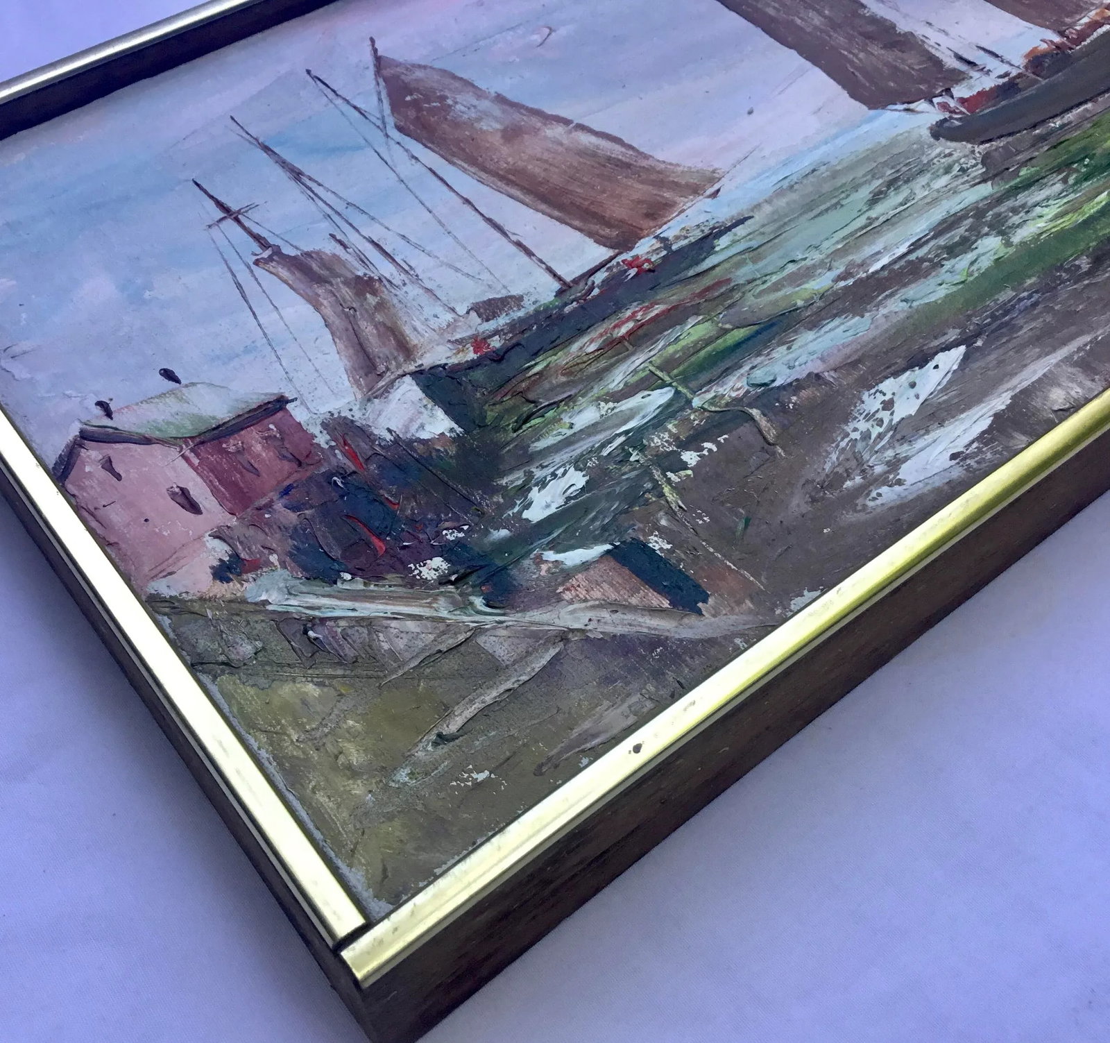 Vintage Painting, Harbor Sailboats, Oil on Canvas, Mid 20th Century, Framed - 7