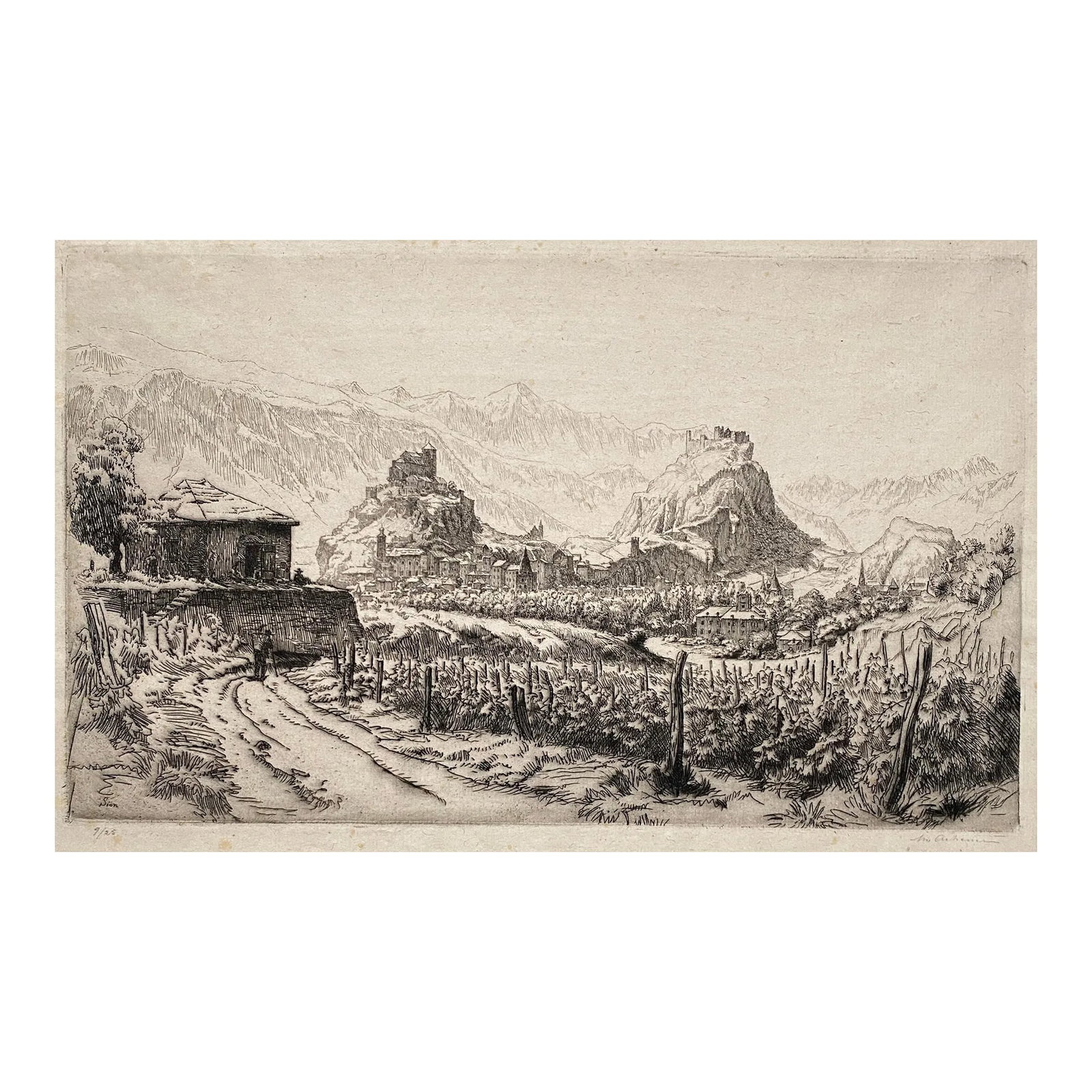 Maurice Achener Le Chateau De Tourbillon a Sion Etching: Maurice Victor Achener (17 September 1881, Mulhouse, Alsace - 19 April 1963, Paris), French painter, engraver, and illustrator. He studied at the Ecole superieure des arts decoratifs in Strasbourg, an