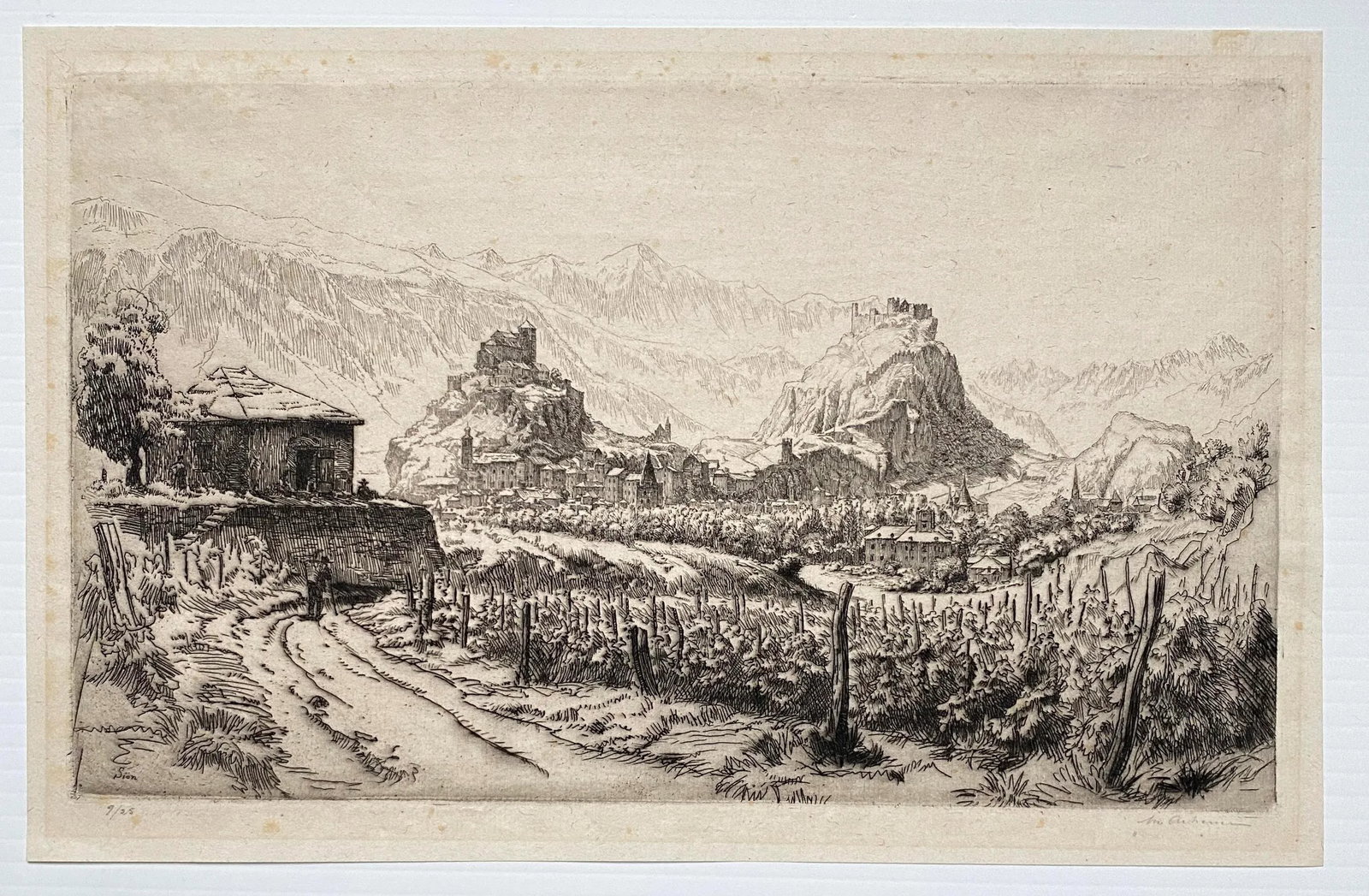 Maurice Achener Le Chateau De Tourbillon a Sion Etching - 4