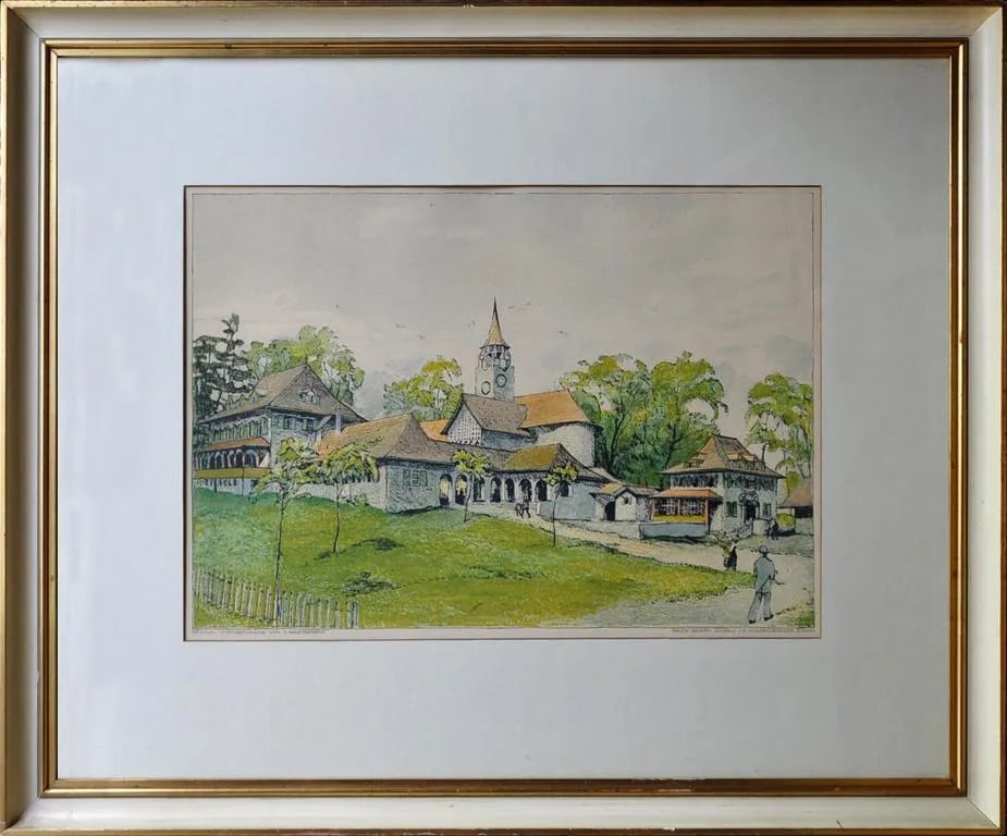 Original Color Lithograph of Painting by Swiss Artist Otto Baumberger: LOCATED IN SAN JOSE/SUNNYVALE. This is an original color lithograph after Otto Baumberger (Swiss, 1889-1961) depicting village scene with figures. Credit line in German appear on the lower left. It wa
