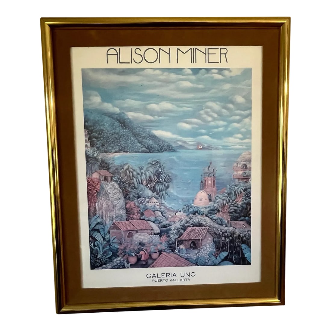 1990s Vintage Alison Minor Serigraph Art Print, Framed: Elevate your space with the timeless sophistication of a post-modern Alison Miner Puerto Vallarta print, elegantly framed in gold with suede matting. Alison Miner's distinctive style captures the esse