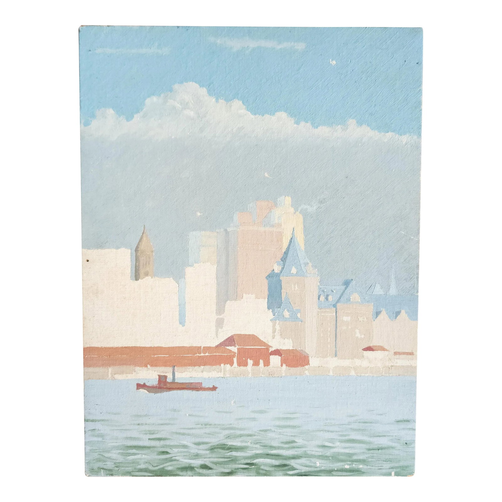 Mid-Century Modern City Skyline Cityscape Acrylic Painting: We are selling this cool Mid-Century modern acrylic on canvas board by Grumbacher. The painting is unsigned but has a great look, probably late 20th century. Condition: Good condition. Painting is
