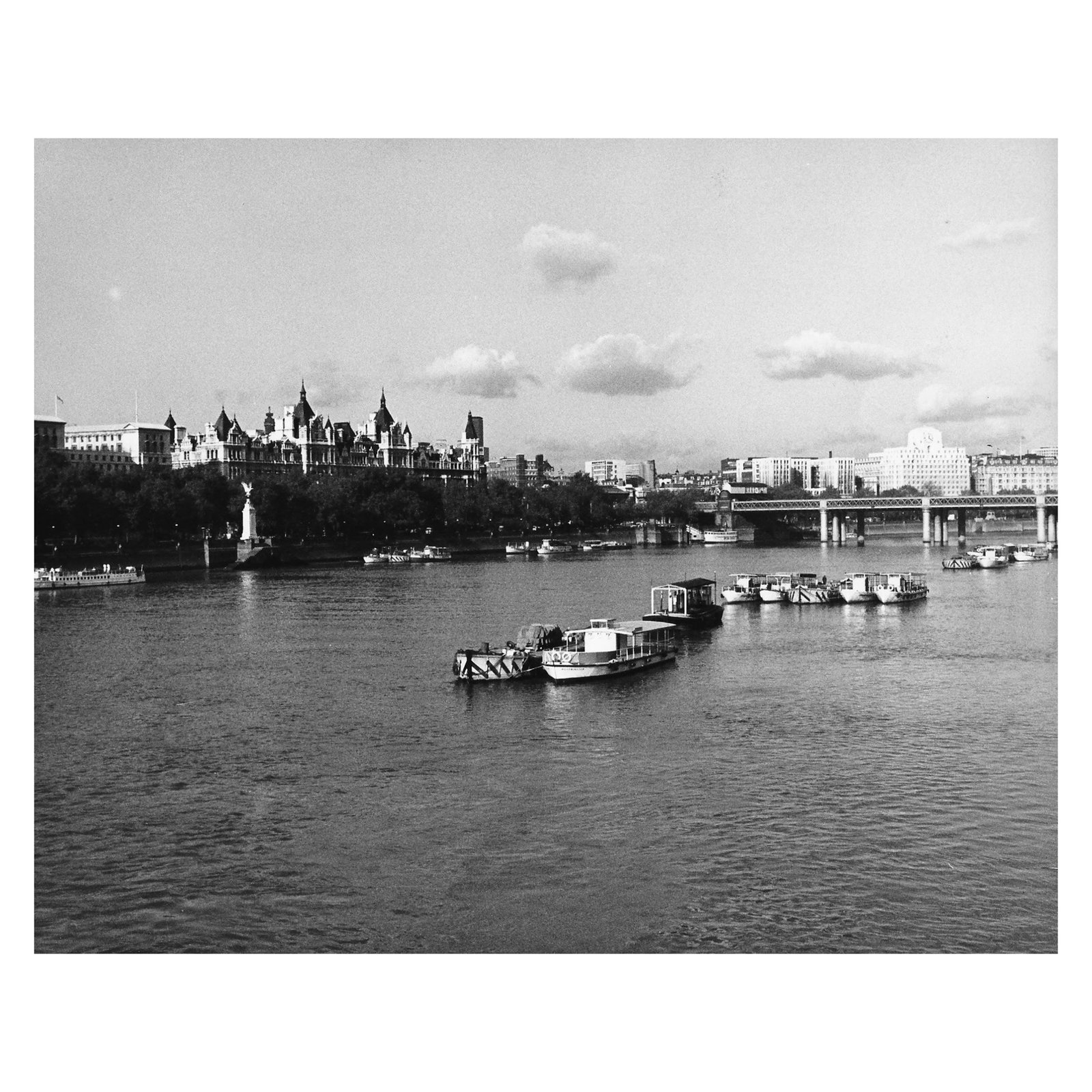 1971 Thames River London Photograph by Don Ware: 1971 black and white photograph by Los Angeles photographer Don Ware of the Thames River in London. Titled, dated and bearing Ware's studio stamp on the back. Condition: Alterations: Original