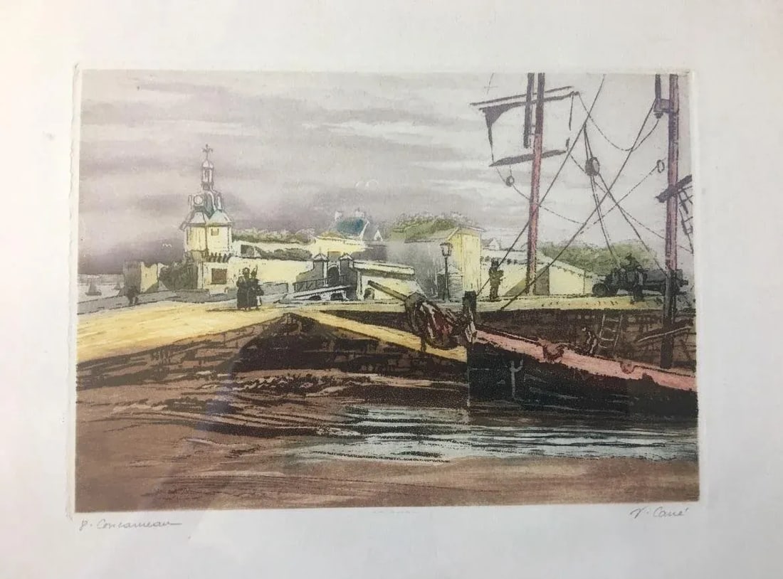 Vintage 20th Century Watercolor Painting of Port Concarneau Brittany, Framed - 2