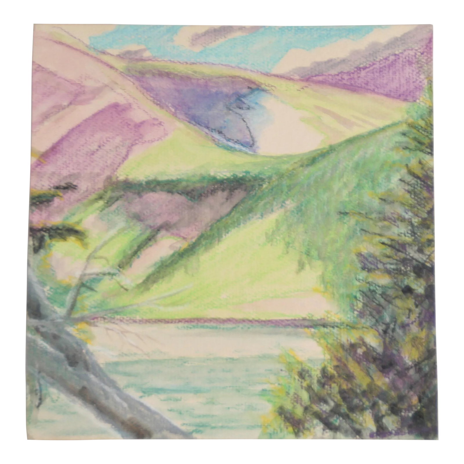 1970s Landscape in Pastel: A view of green and purple mountains and a lake, as seen through the trees. This would look great framed in various shades of natural wood, and the mat size chosen could vary based on whether the over