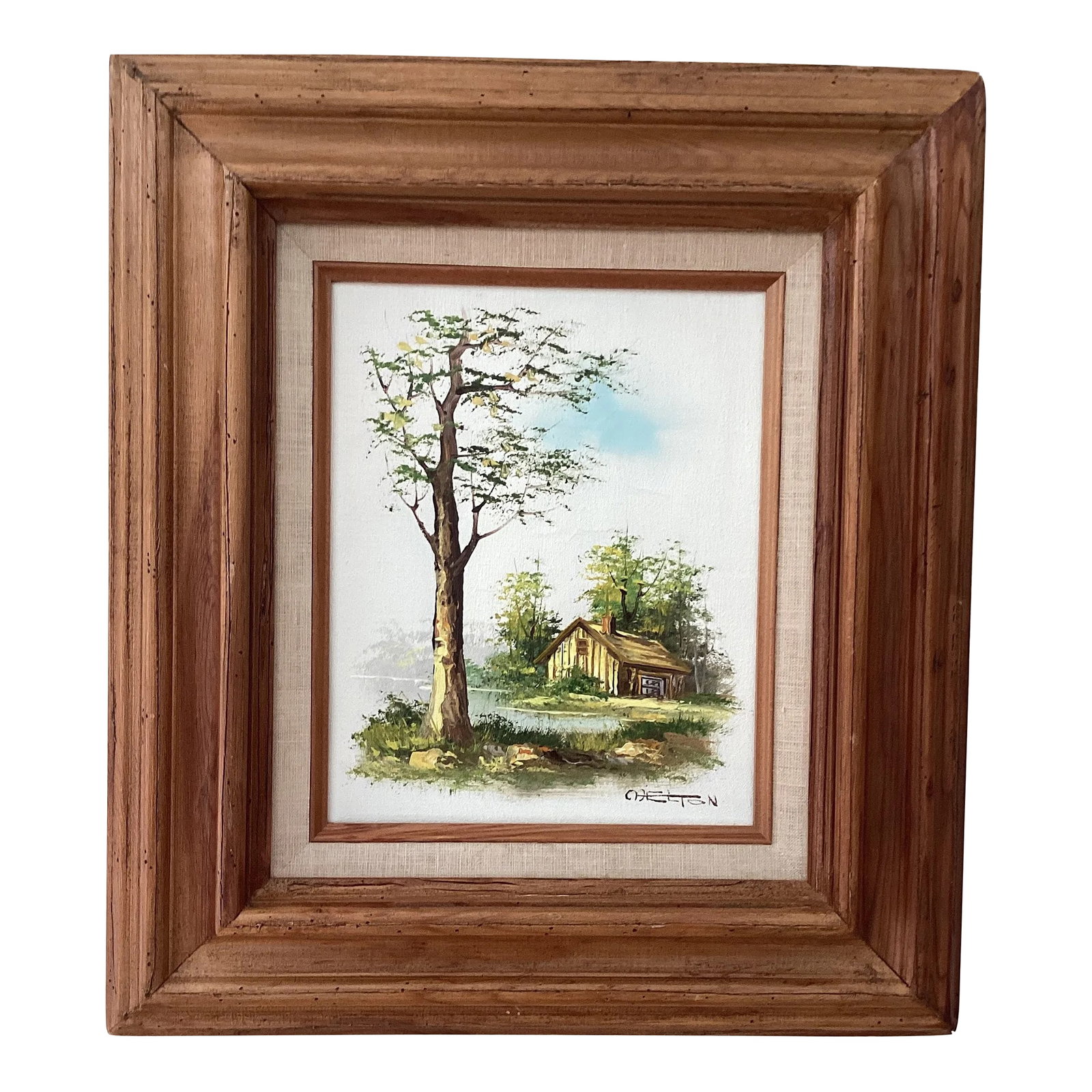 Mid 20th Century Vintage Catherine Parker Melton Rural Landscape Oil Painting on Canvas, Framed: Vintage signed original landscape oil on canvas painting, by Artist Catherine Parker Melton. This landscape painting depicts a lovely scene of a small cottage set back beside a pond, a big tree is fea