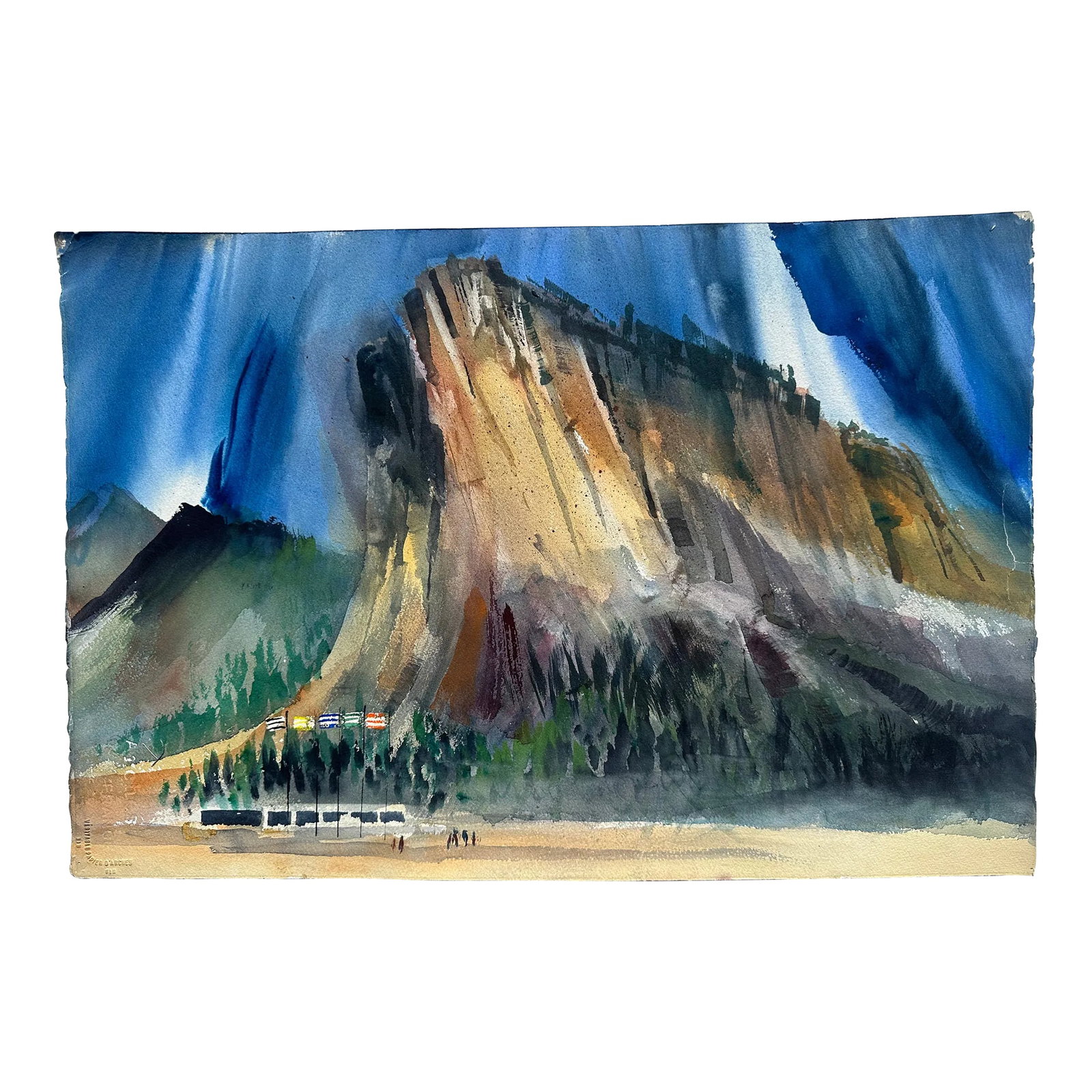 1960s Strong Cliff Original Watercolor Painting: A dynamic watercolor painting of a dramatic cliff in a mountain range, set against a cobalt sky, with a building, some people, and a row of flags at its base. This could look great in so many types
