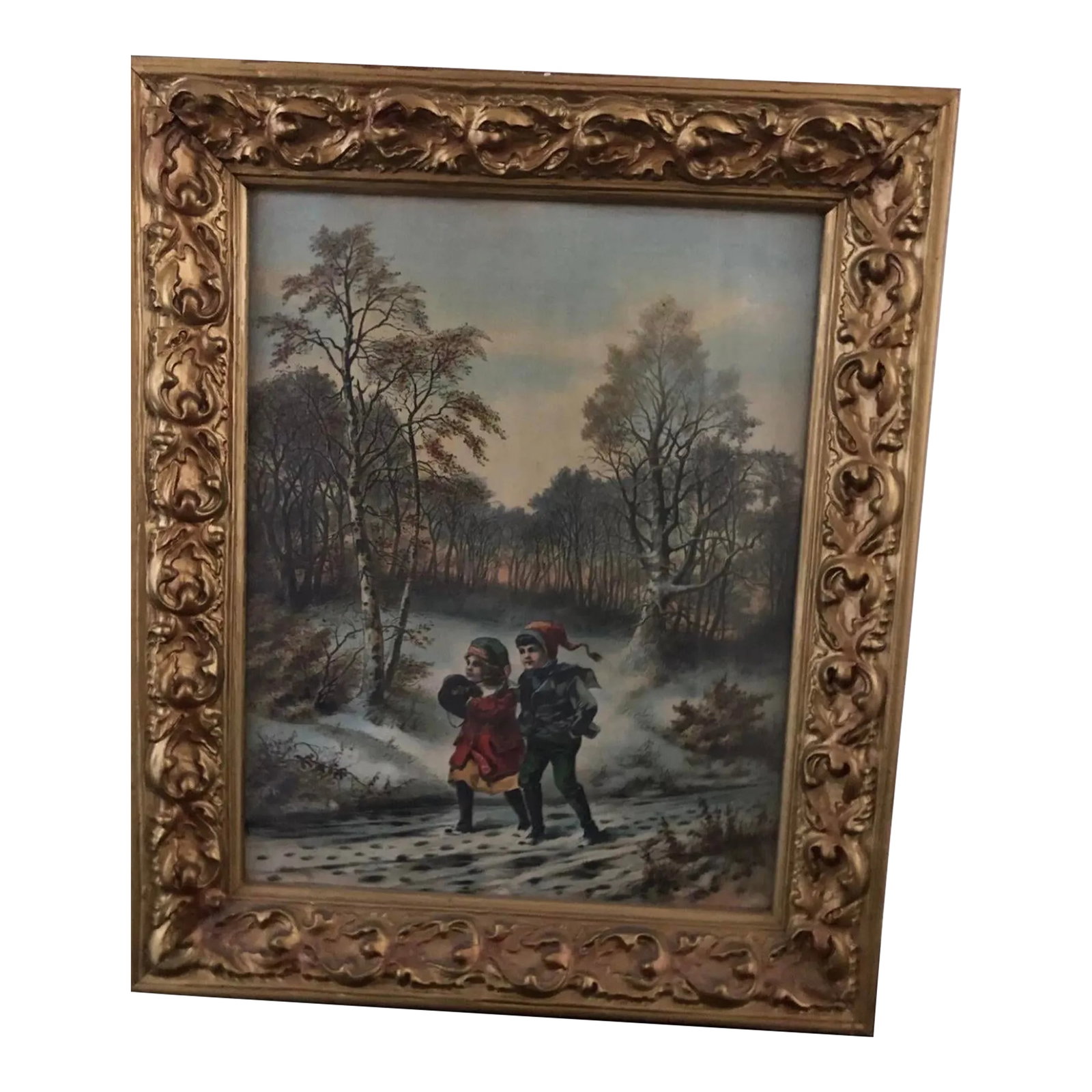 A Christmas Visit to Grandma Framed Electro Gravure Print 1905 McLoughlin: Christmas visit To Grandma Framed Electro Grain Gravure Print 1905 McLoughlin. Happy winter scene of 2 young children walking to Grandma's house in the snow. Very nice antique condition in pretty anti