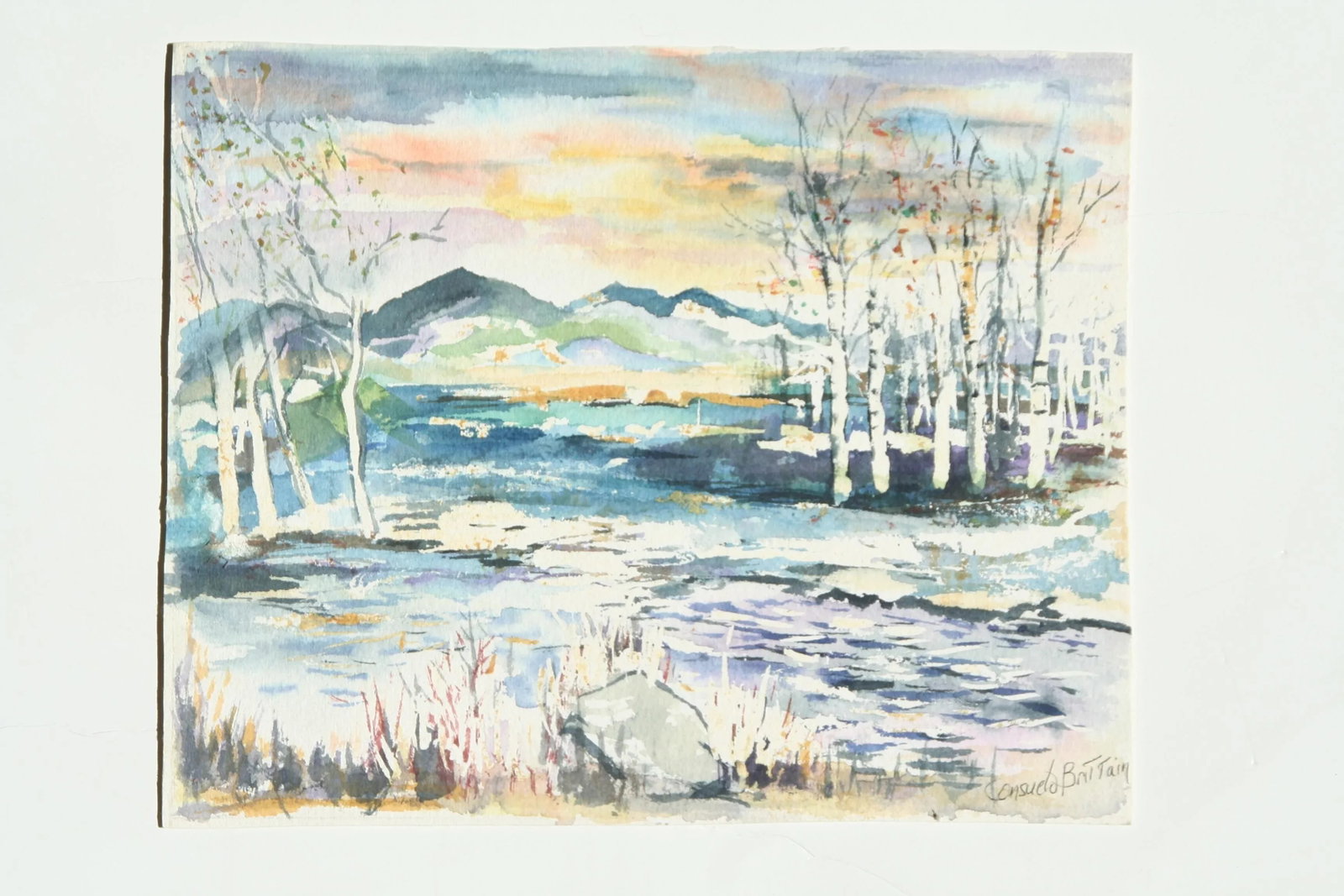 1960s Watercolor Painting Landscape by C. Brittain: A lovely watercolor landscape painting. I love the use of negative space in the white areas. Signed lower right "Consuelo Brittain" Condition: Alterations: Original Condition Unaltered Imperfections: