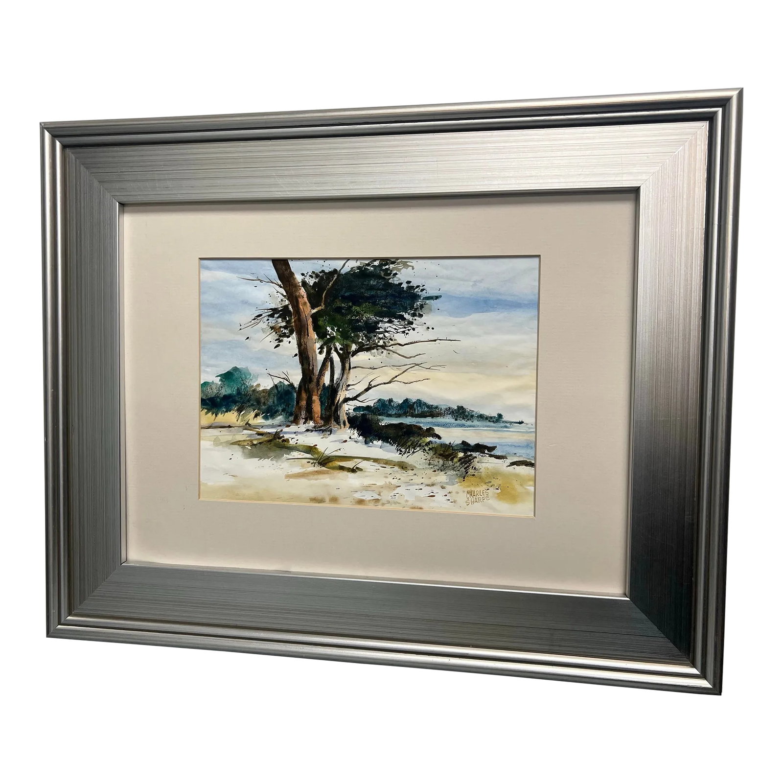1980s Original Charles Sharpe Watercolor Painting, Framed: A stunning landscape/abstract watercolor by well known artist Charles Sharpe. Signed on the front and dated on the back "12/88". Original matting with a new silver frame. Welcome to Solid Gold Velvet 