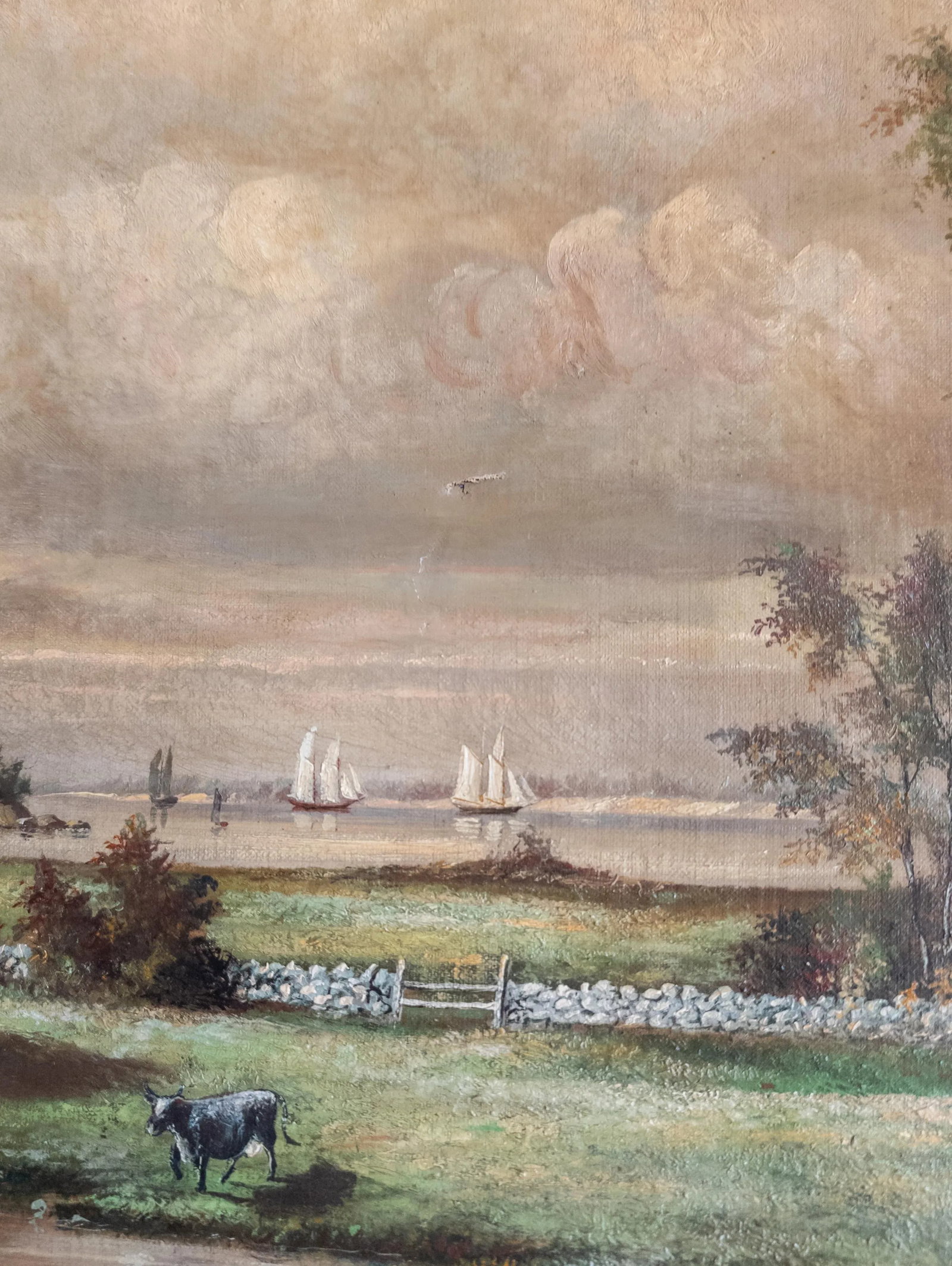 19th Century English or American Rustic Landscape Oil Painting With Cows - 10